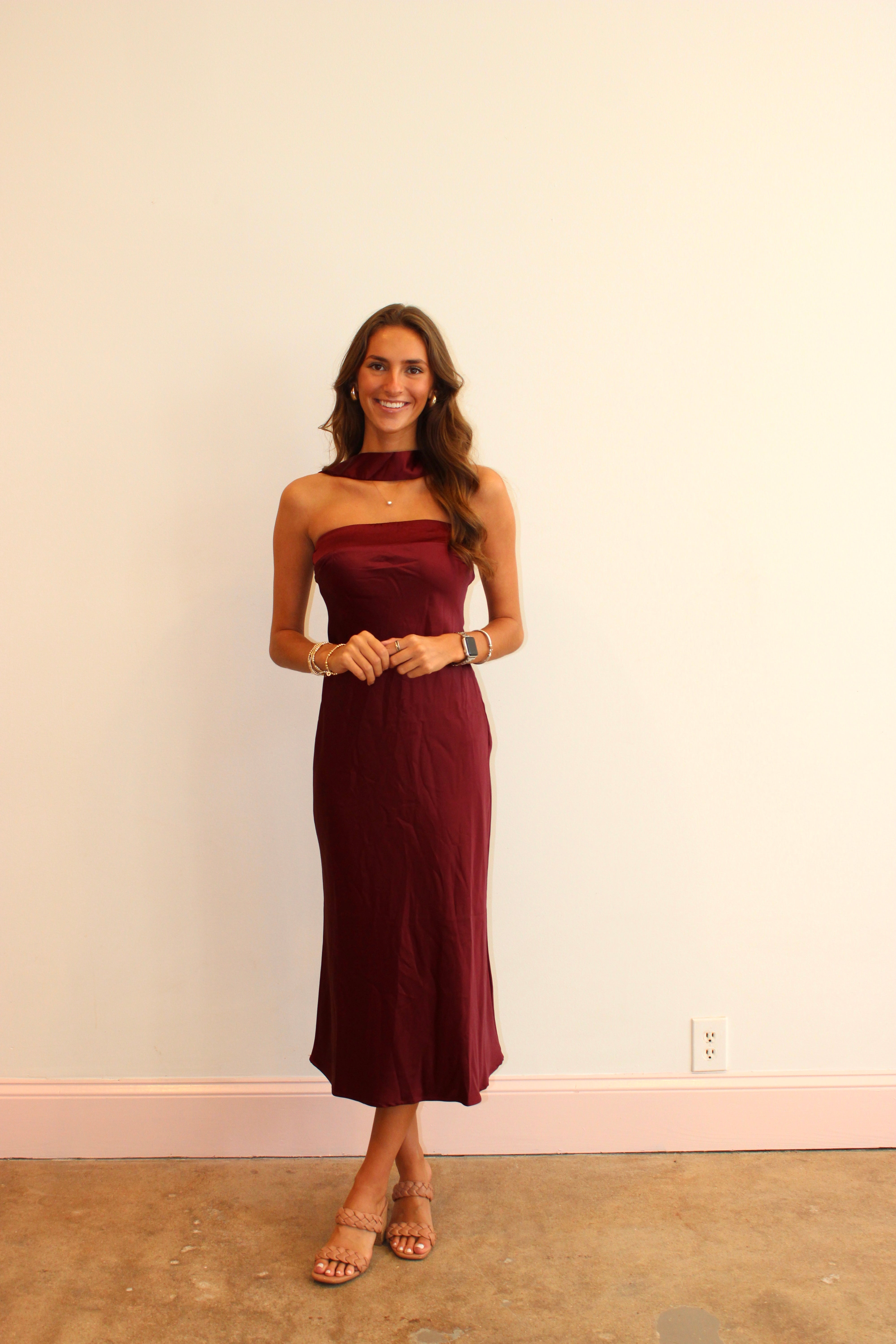 Night Out Essential Satin Midi Dress - Burgundy
