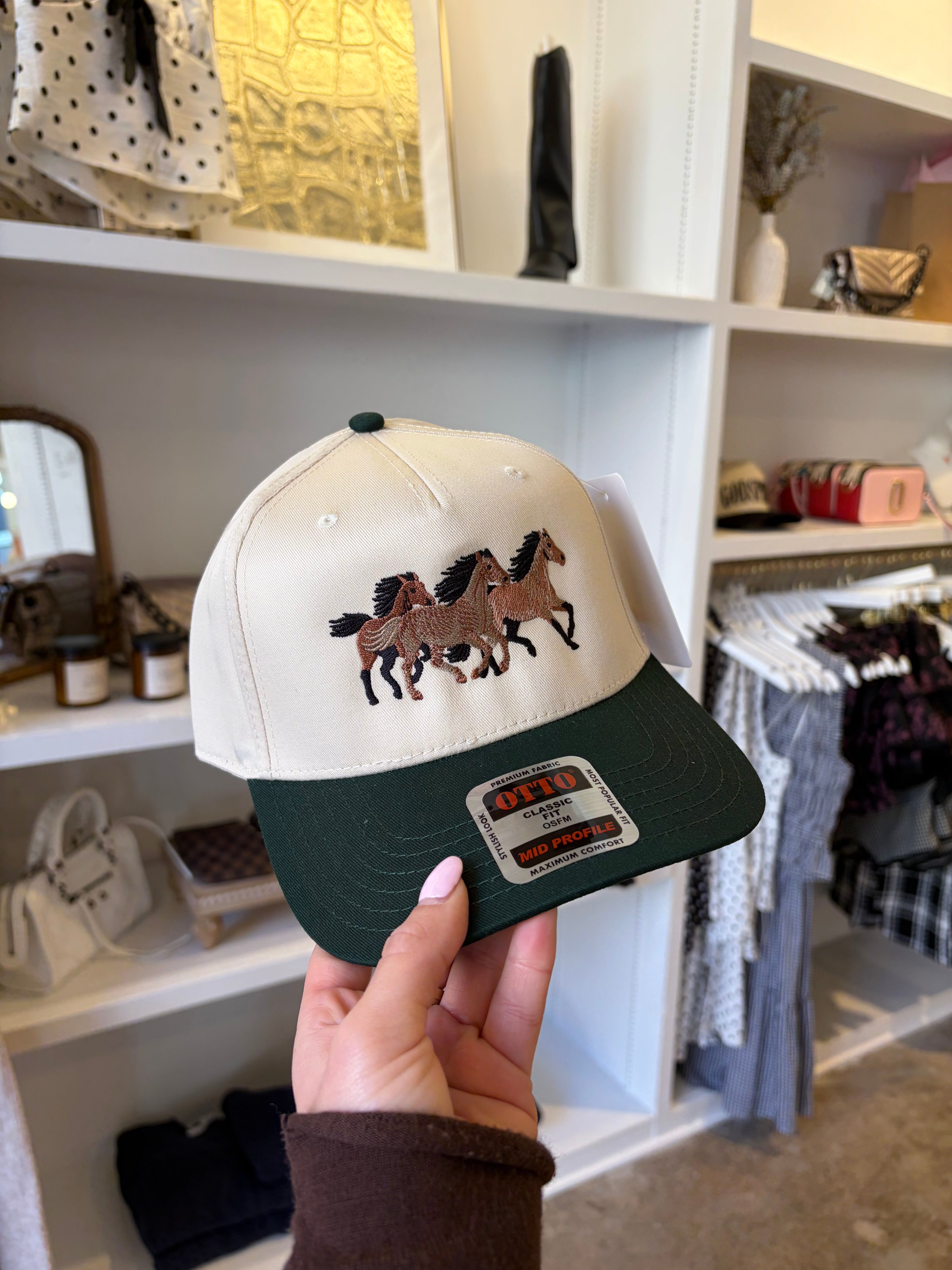 Three Wild Horses Embroidered Hat - Dark Green