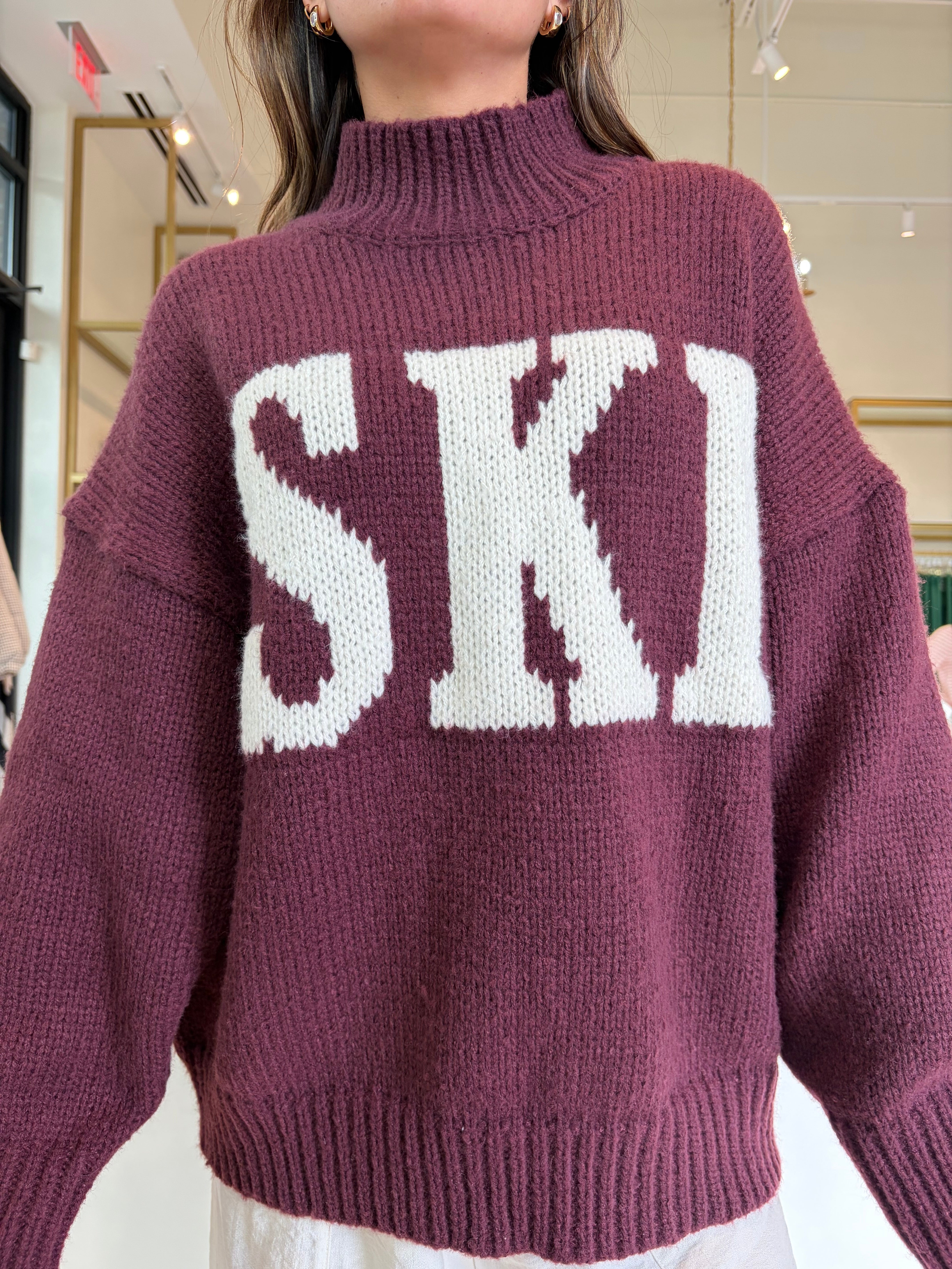 SKI Oversized Sweater - Wine & Ivory