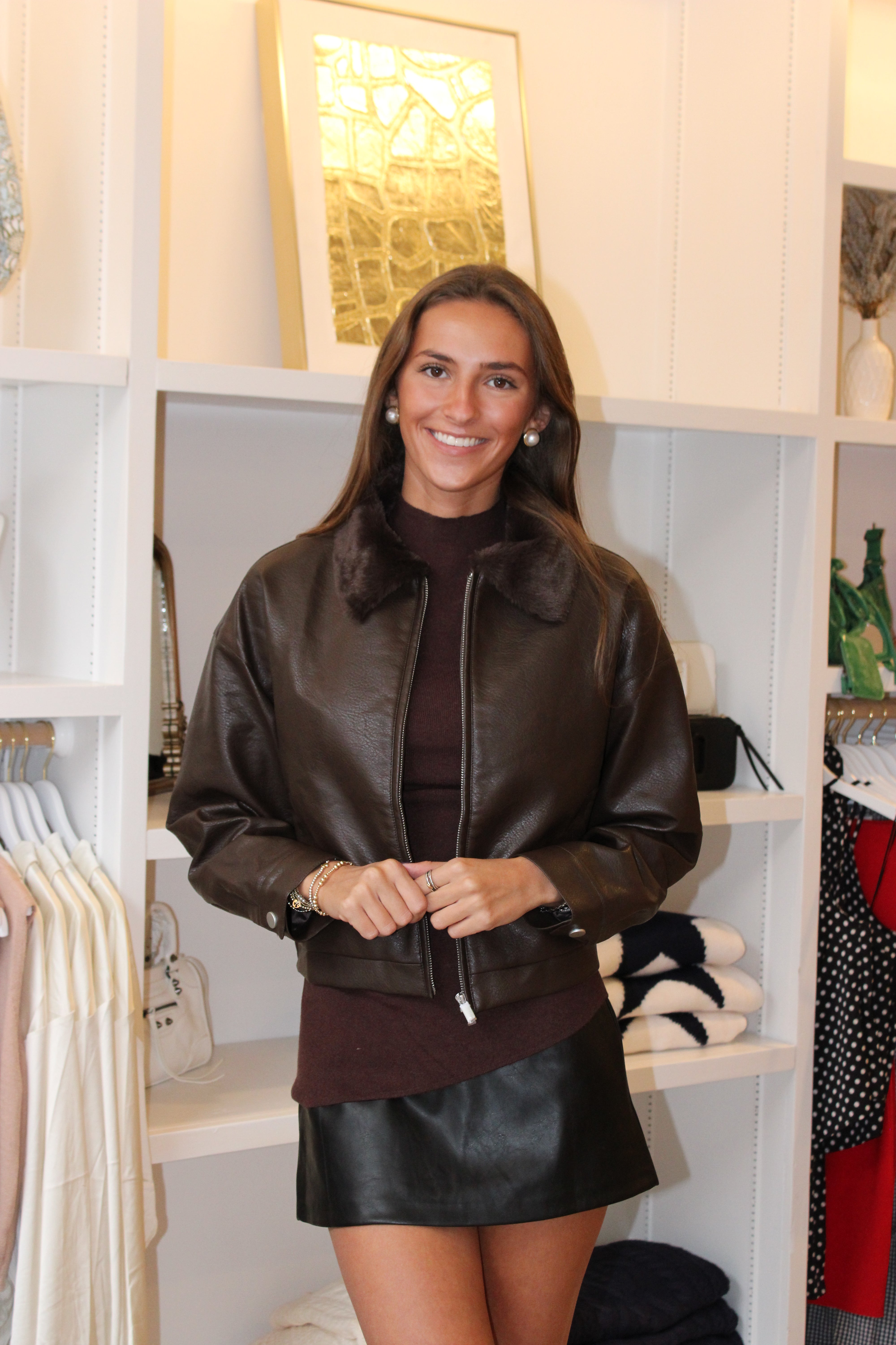 Brittany Faux Leather Cropped Jacket - Brown