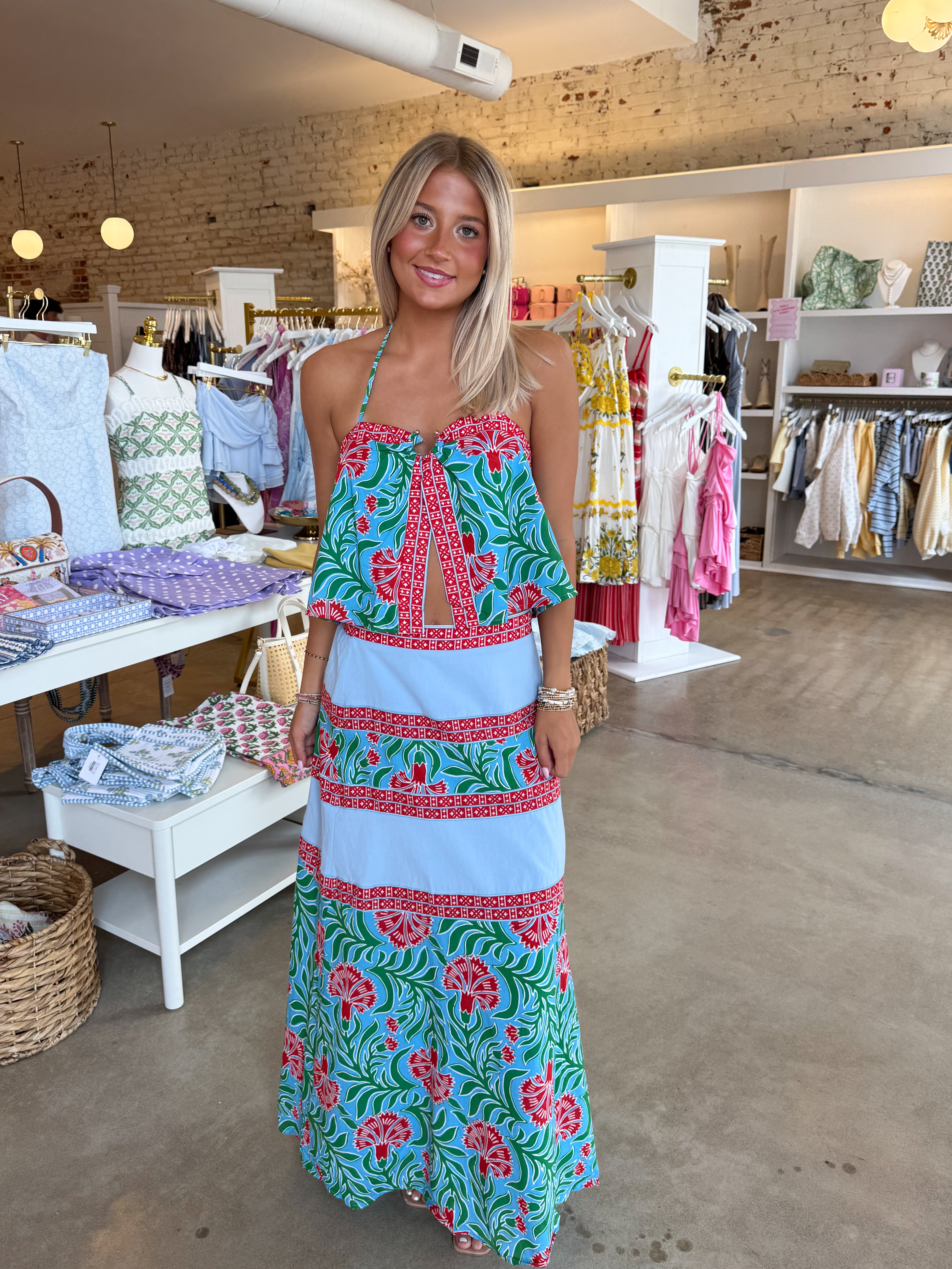 Cancun Top & Maxi Skirt Set - Blue & Red Multi