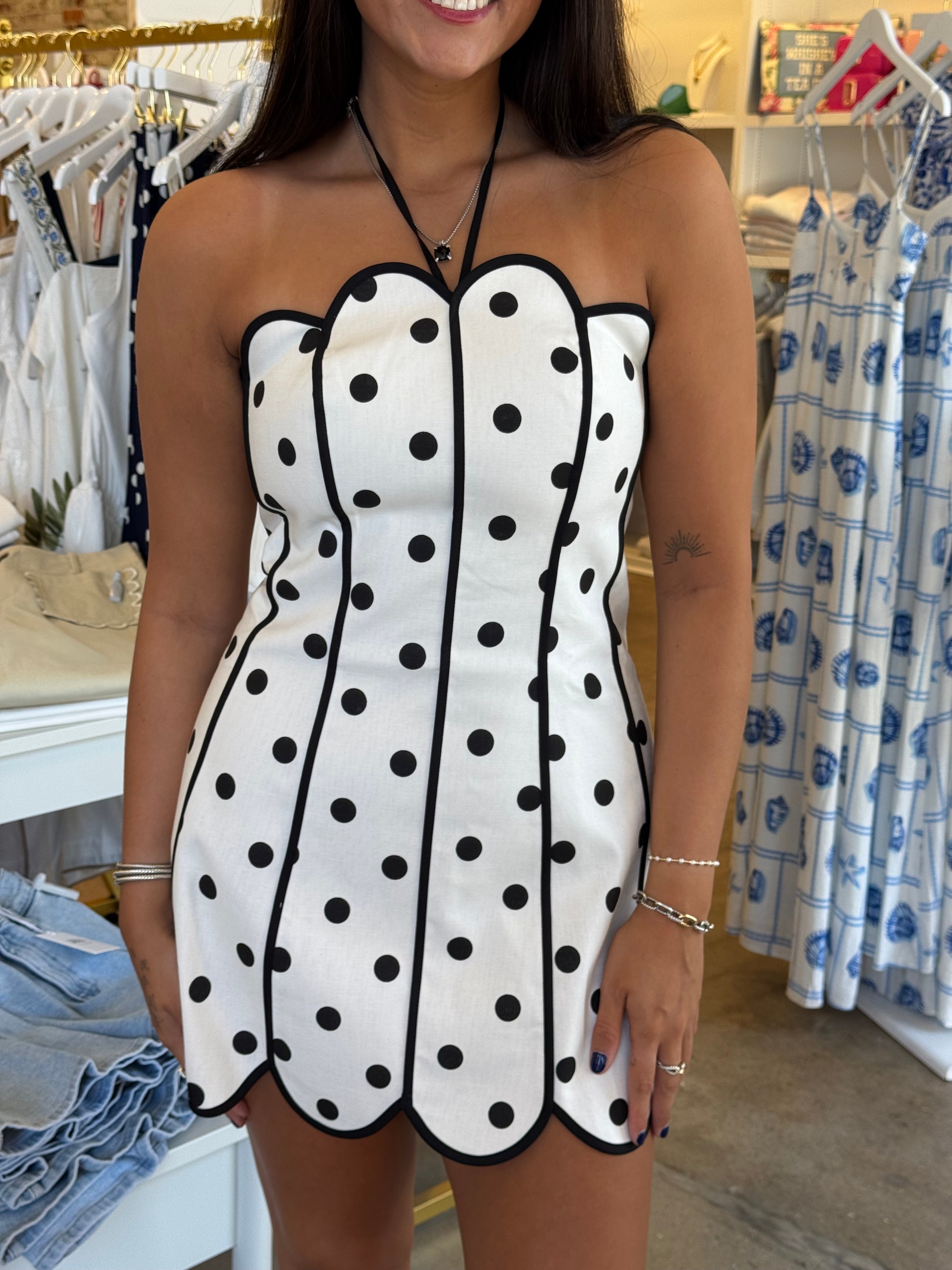 Just For Fun Linen Mini Dress - Cream & Black Polka Dot