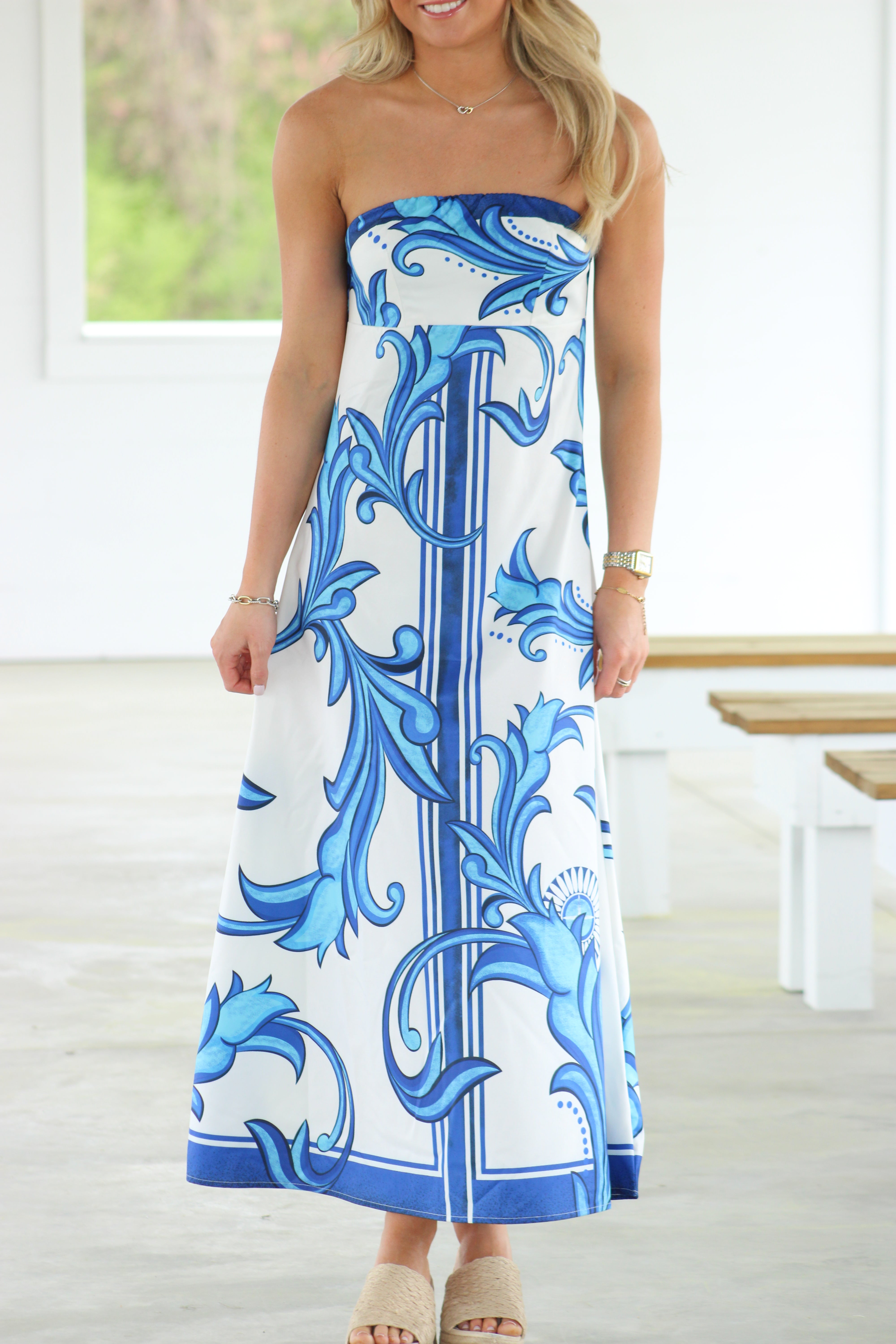 Serenity Midi Dress - Blue & White