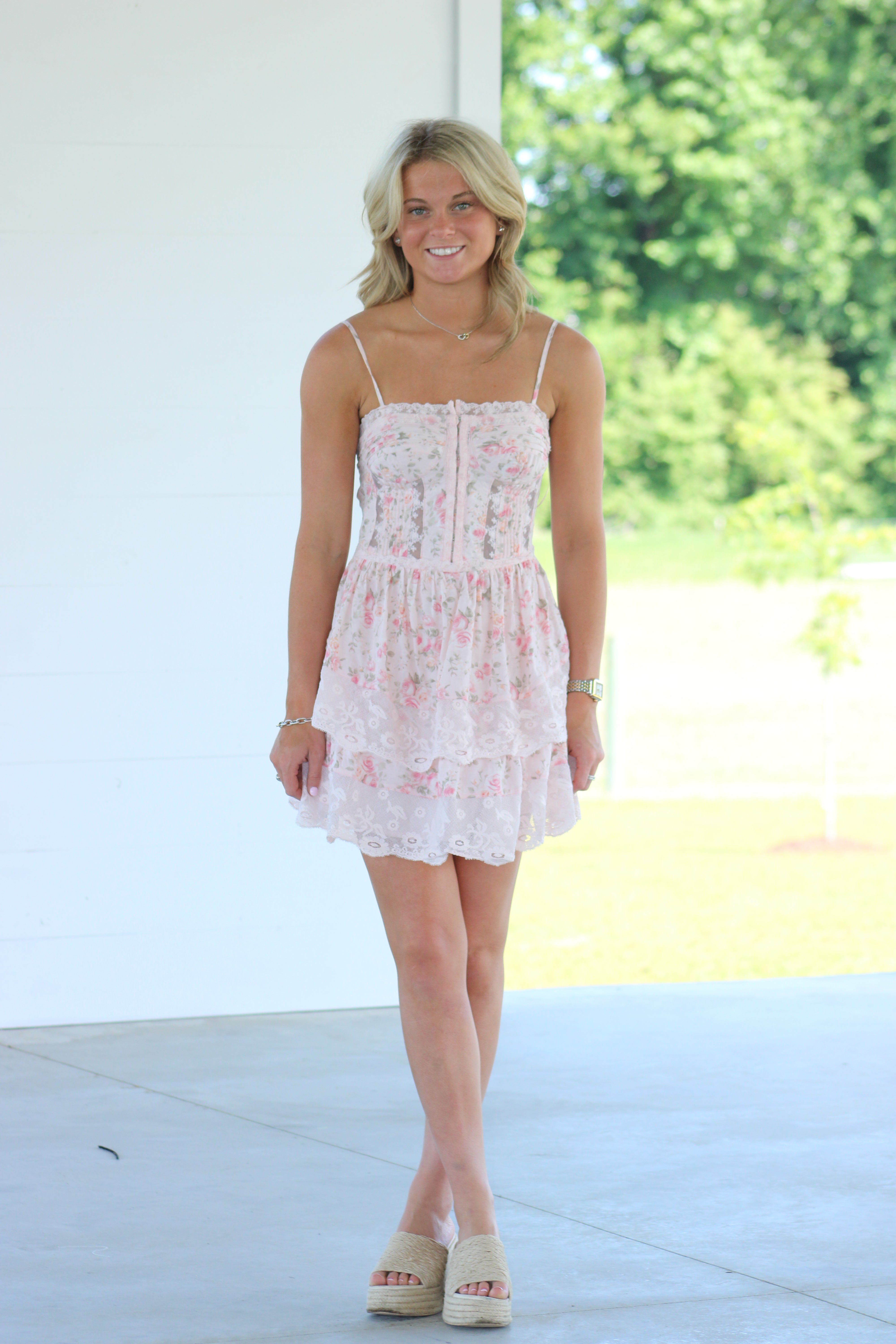 Augusta Mini Dress - Pink Lace