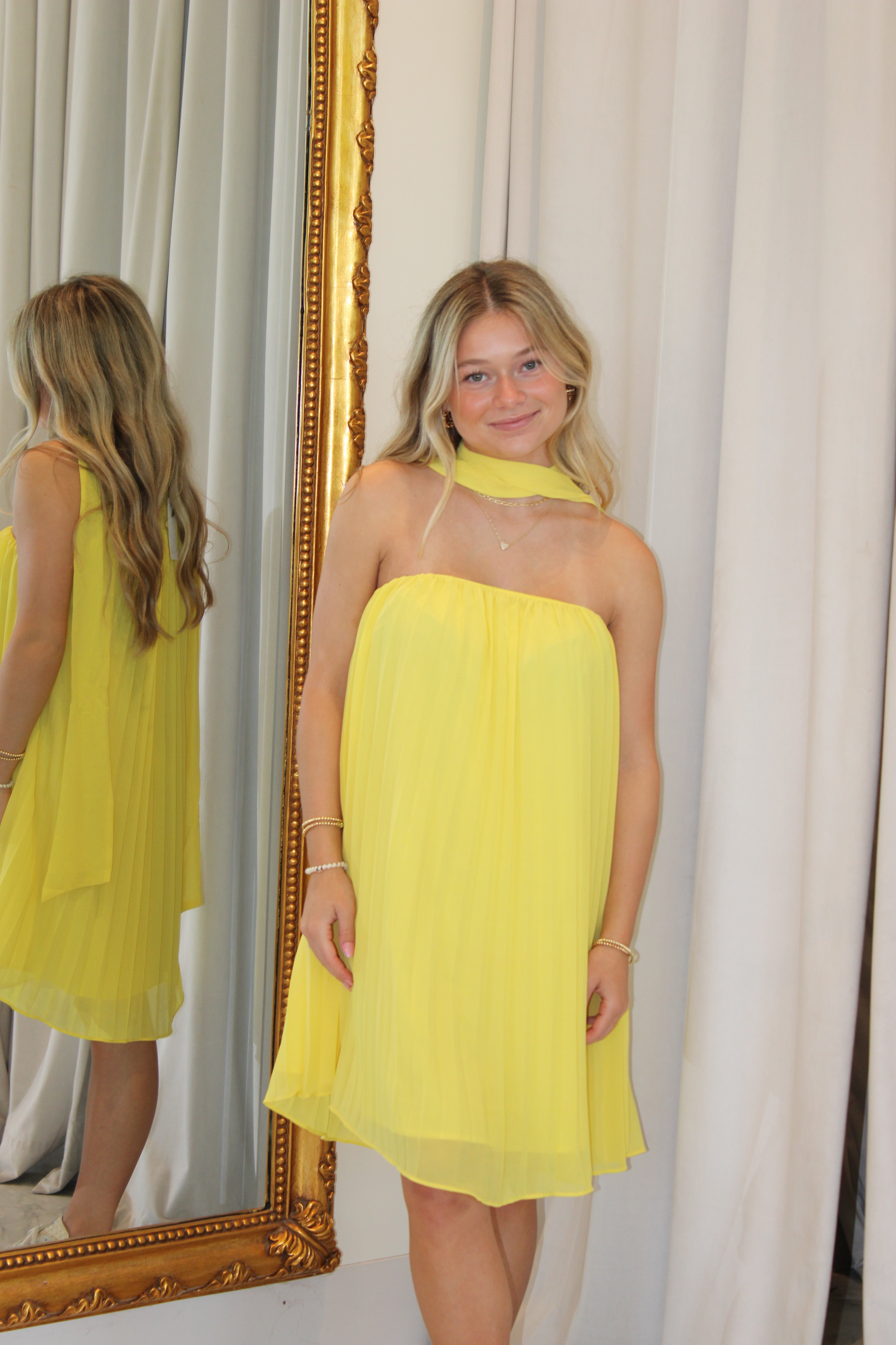 Pretty Little Thought Halter Neck Pleated Mini Dress - Yellow