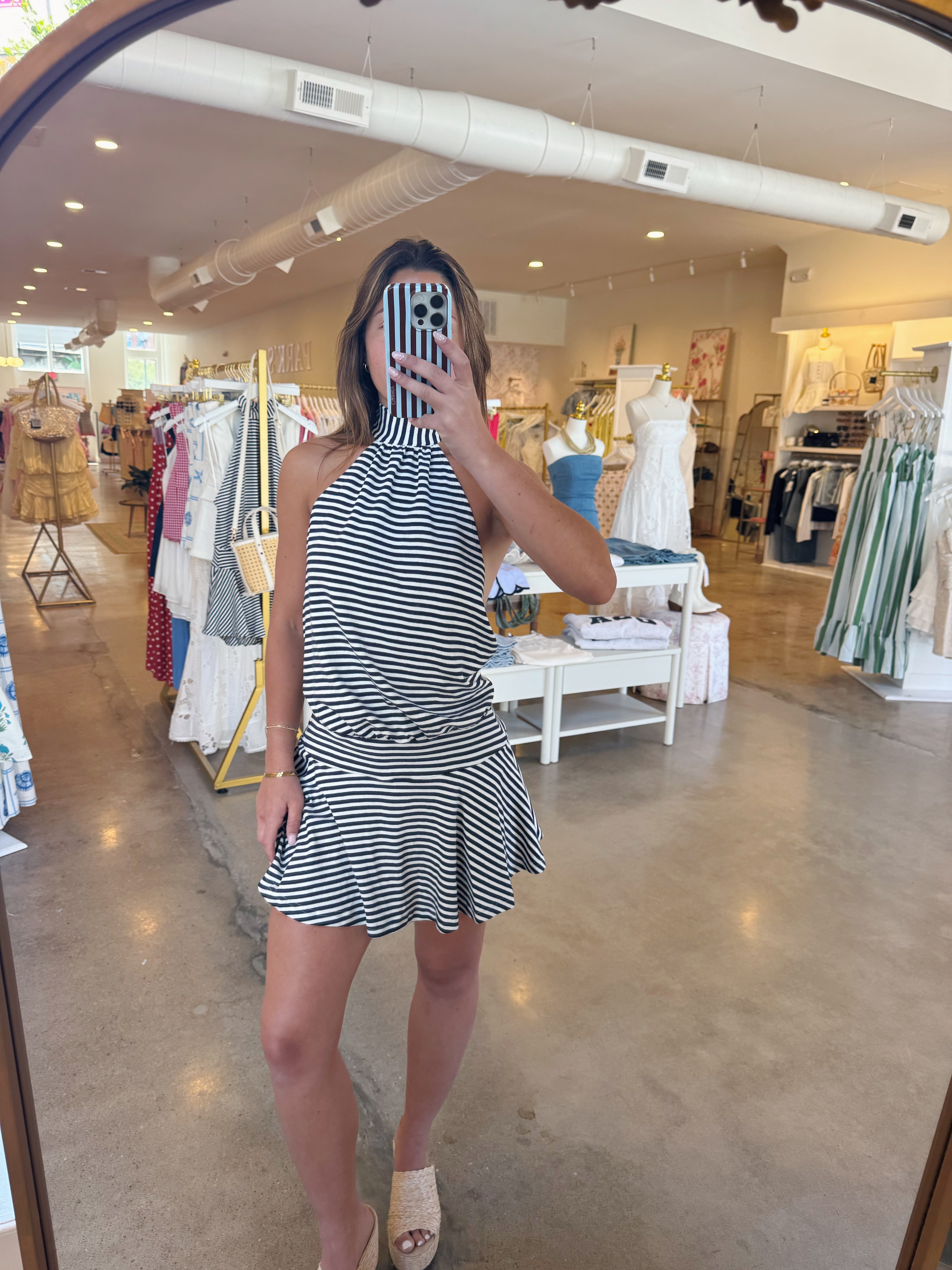 Margot Open Back Mini Dress - Navy Stripe