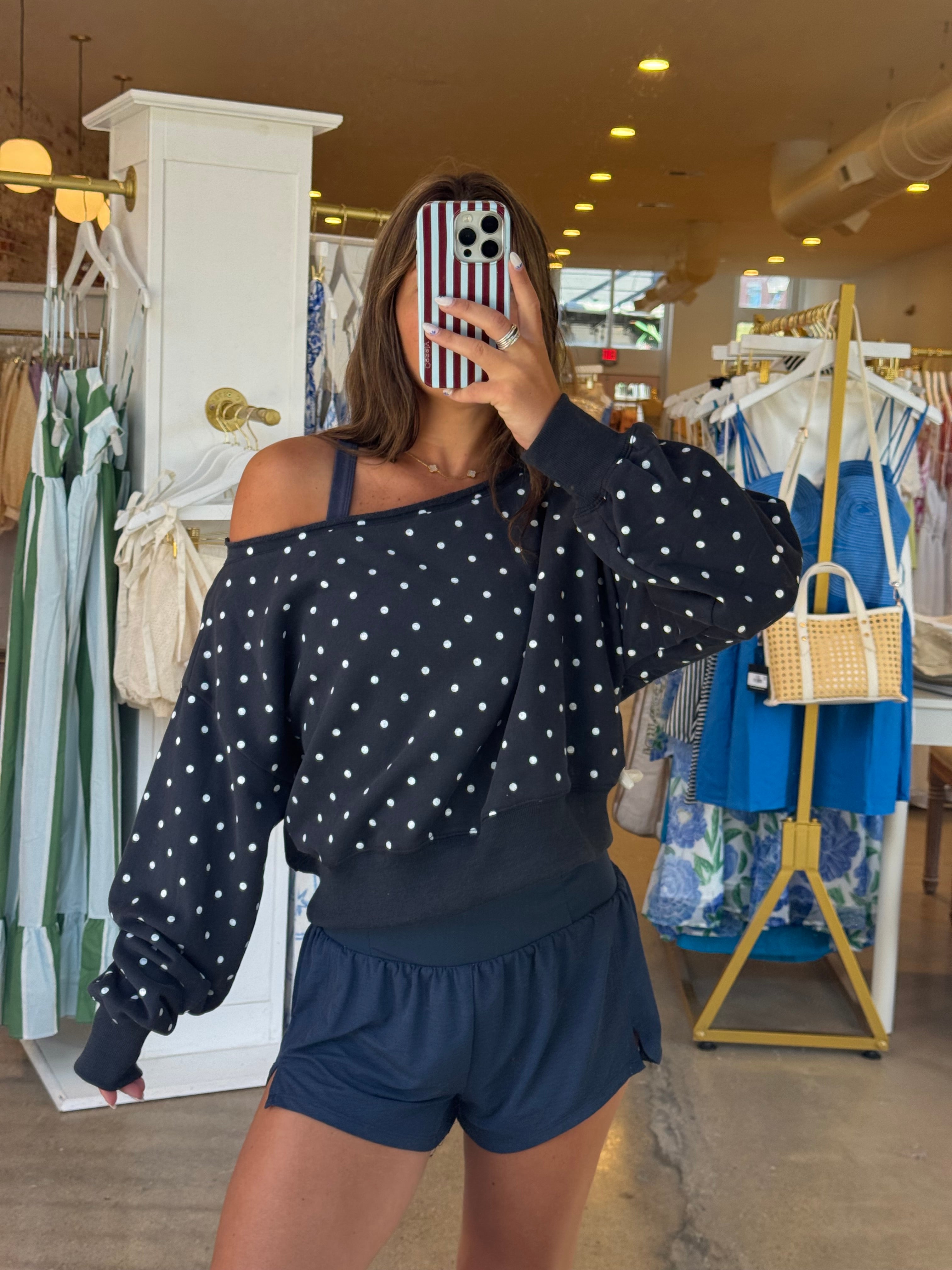 Reese Off Shoulder Sweatshirt - Navy Polka Dot