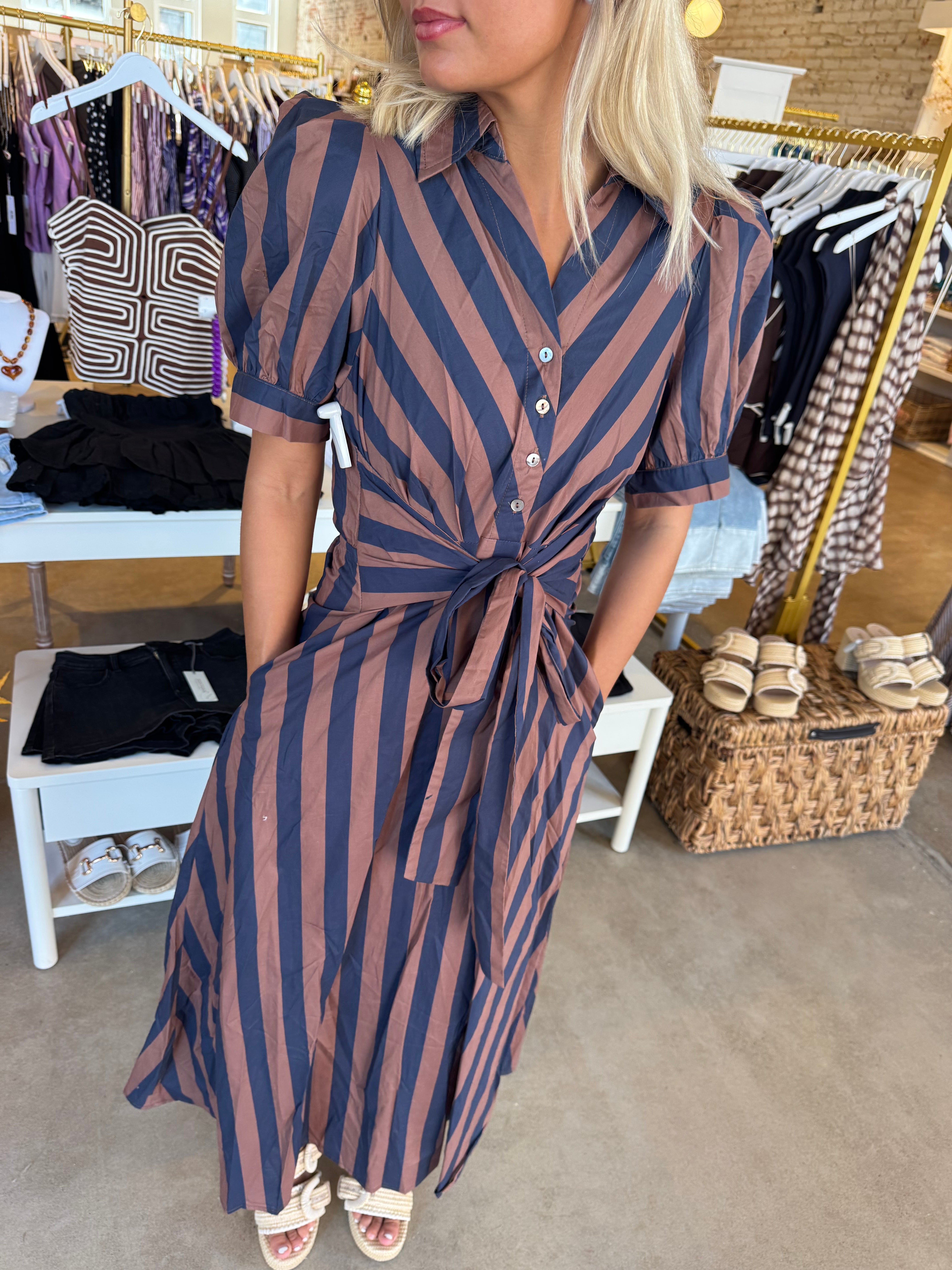 Wind Of Change Midi Dress - Navy Brown Stripe