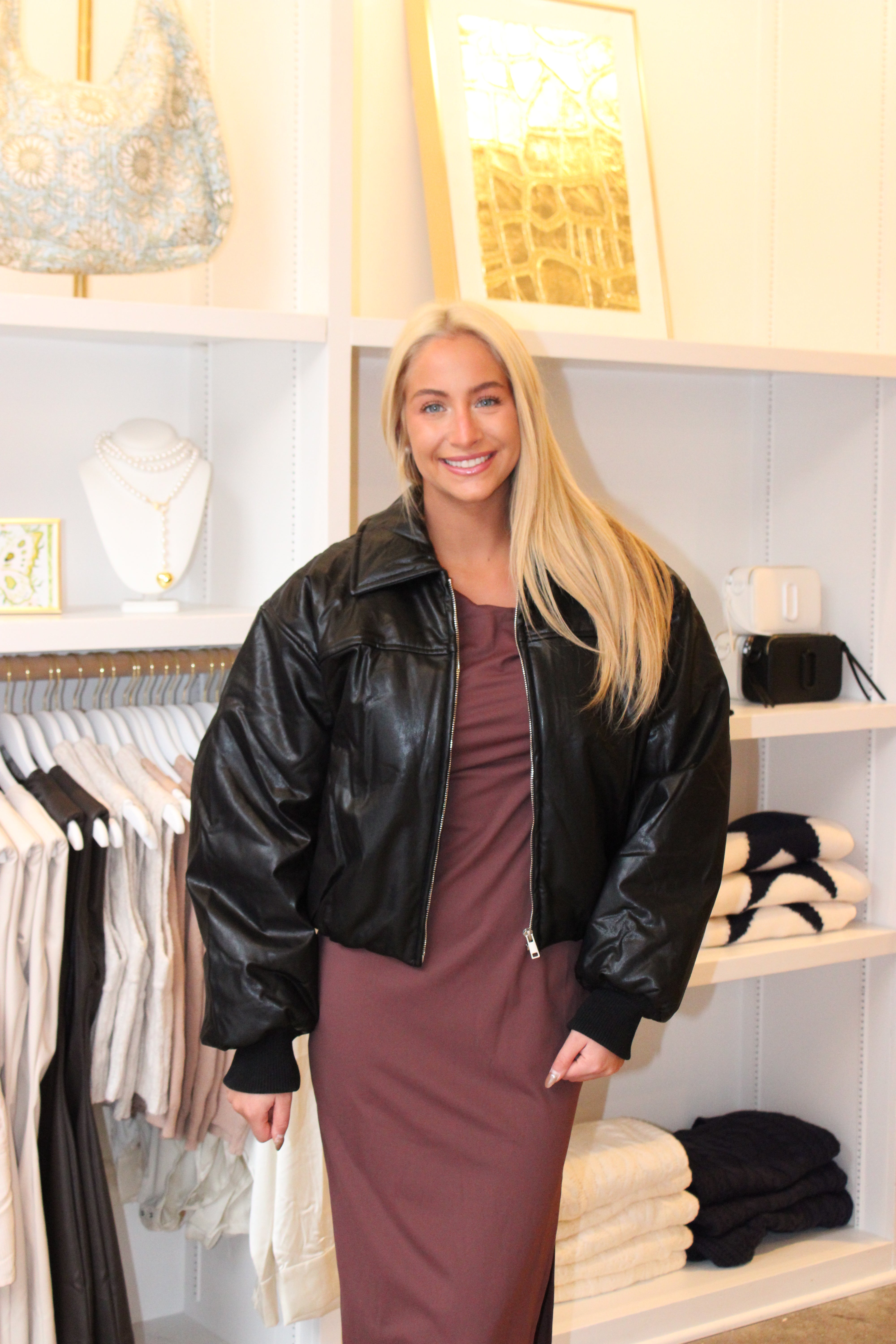 Gemma Leather Bomber Jacket - Black