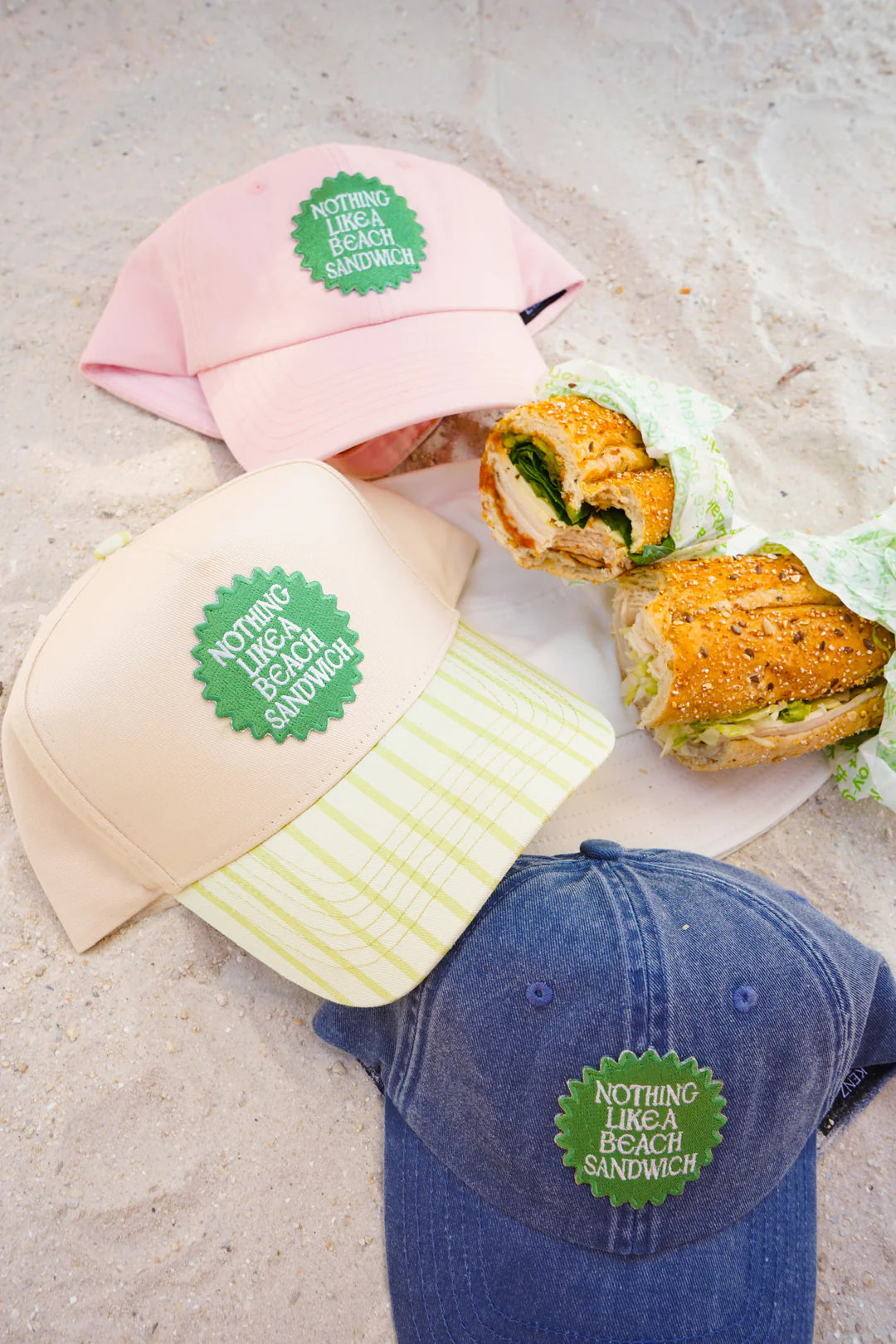 Nothing Like A Beach Sandwich Embroidered Trucker Hat - Green Stripe