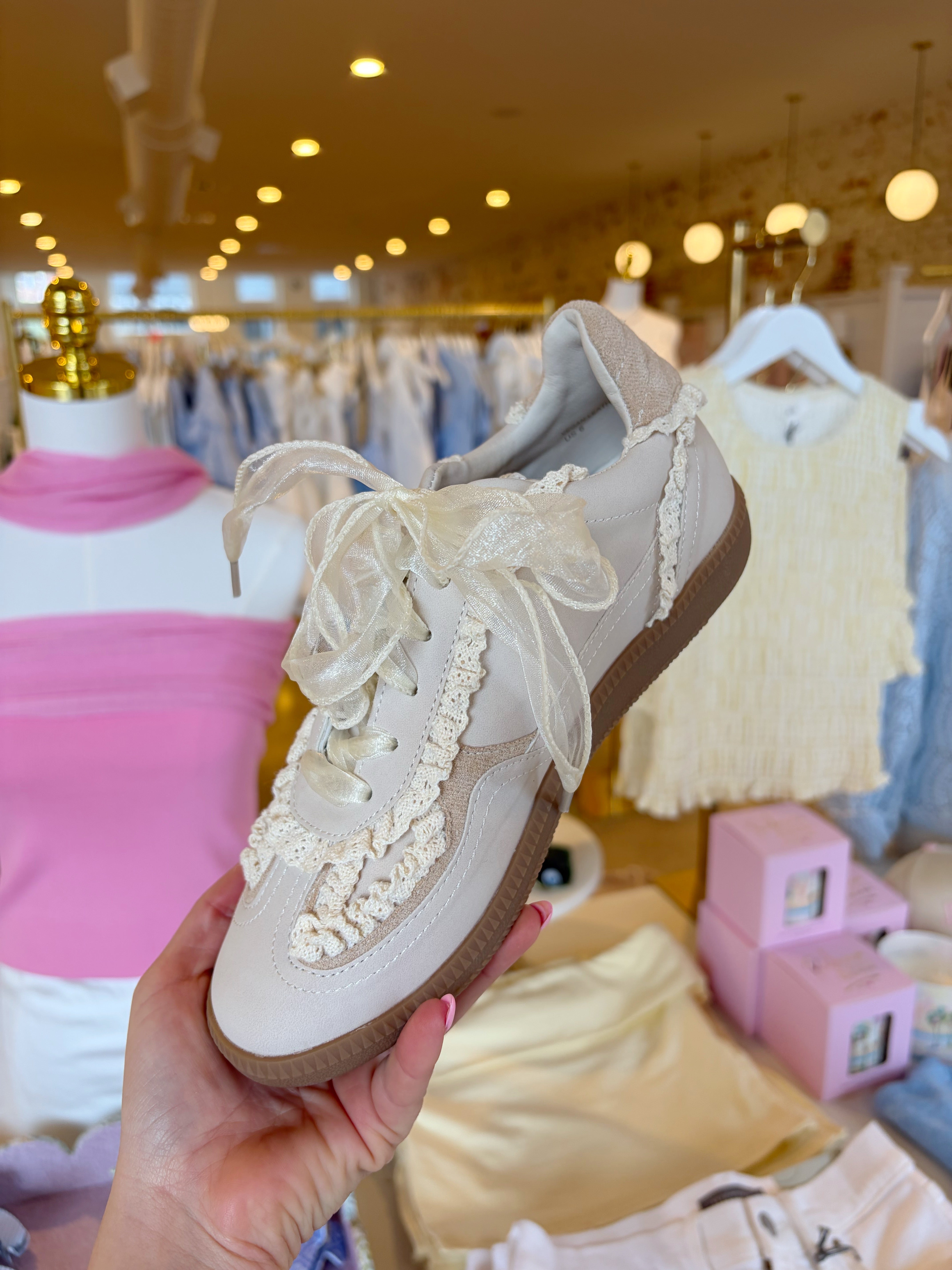 April Lace Trimmed Retro Sneaker - Cream