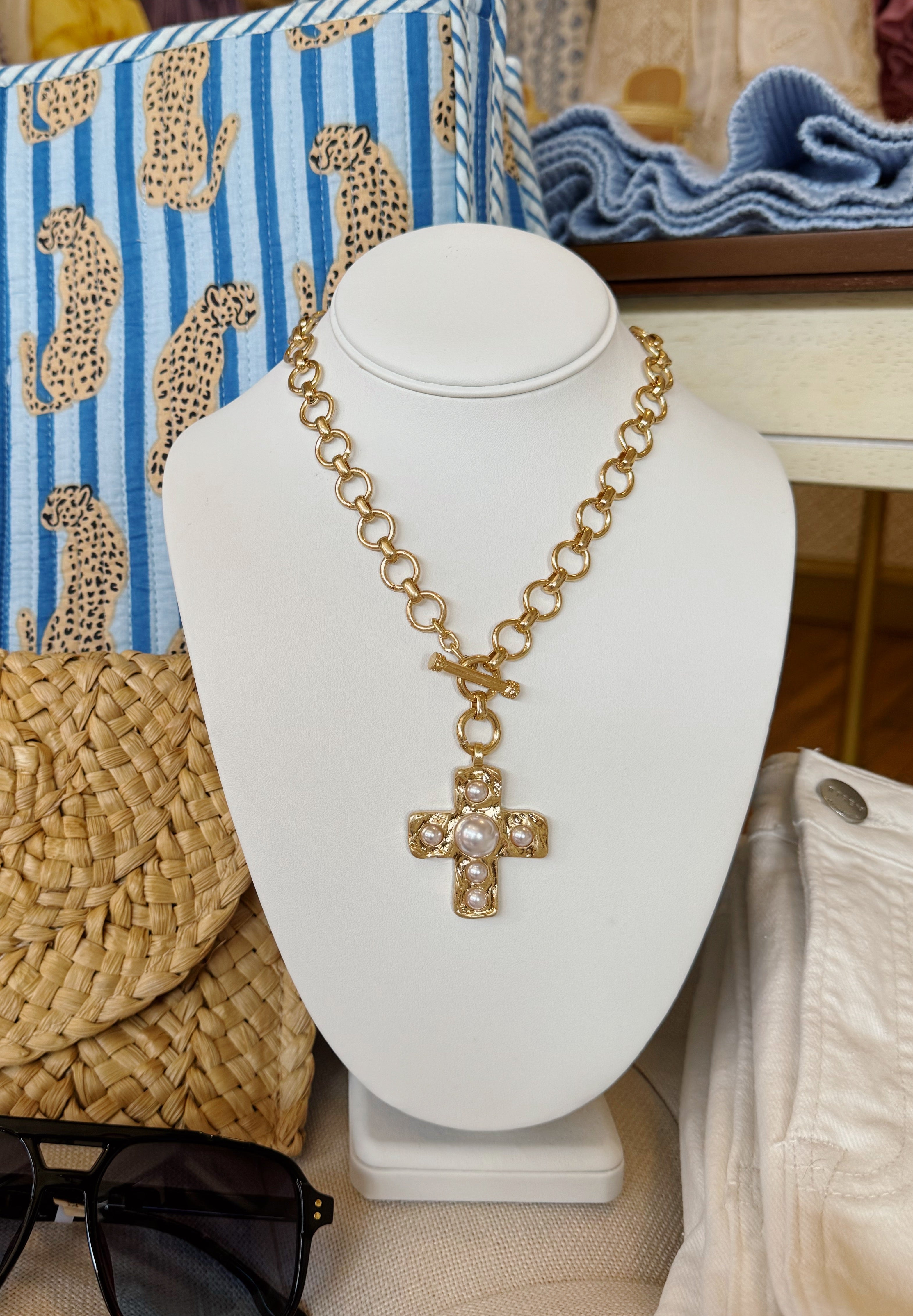 Vintage Cross Necklace With Pearls