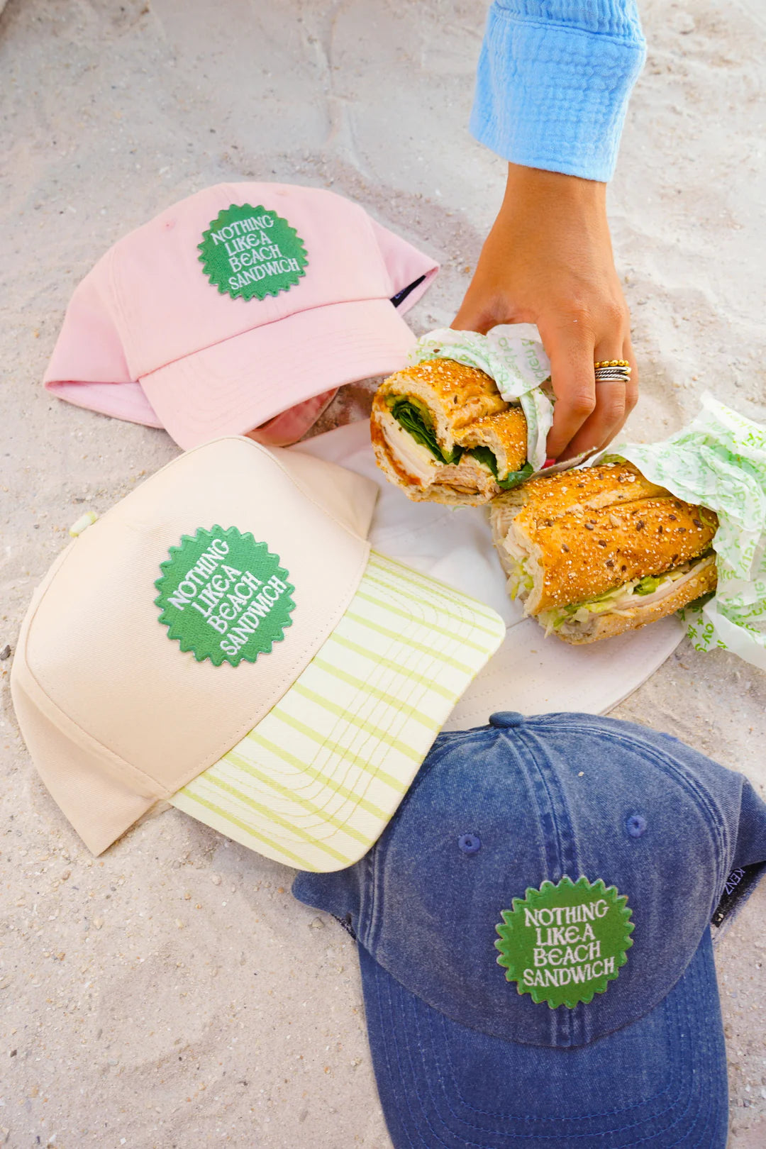 Nothing Like A Beach Sandwich Embroidered Trucker Hat - Green Stripe