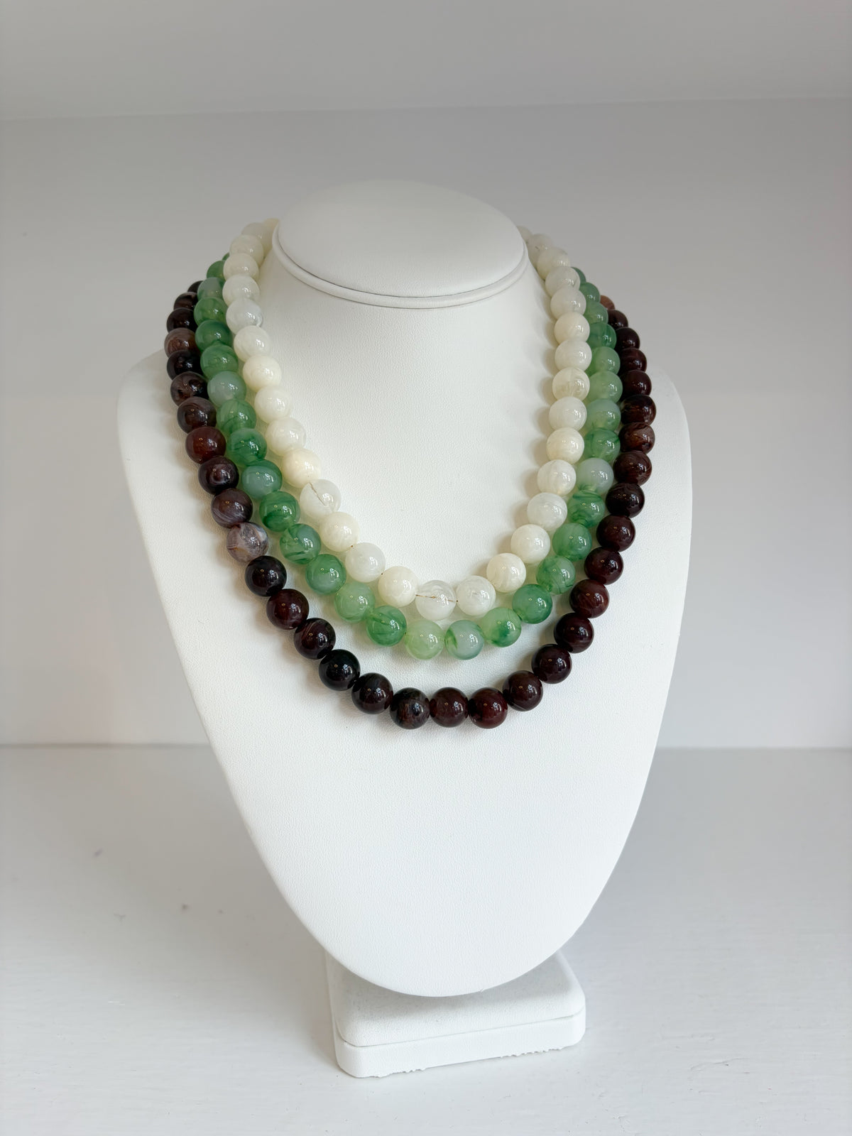 3 Layer Bead Necklace - Brown/Green/Cream