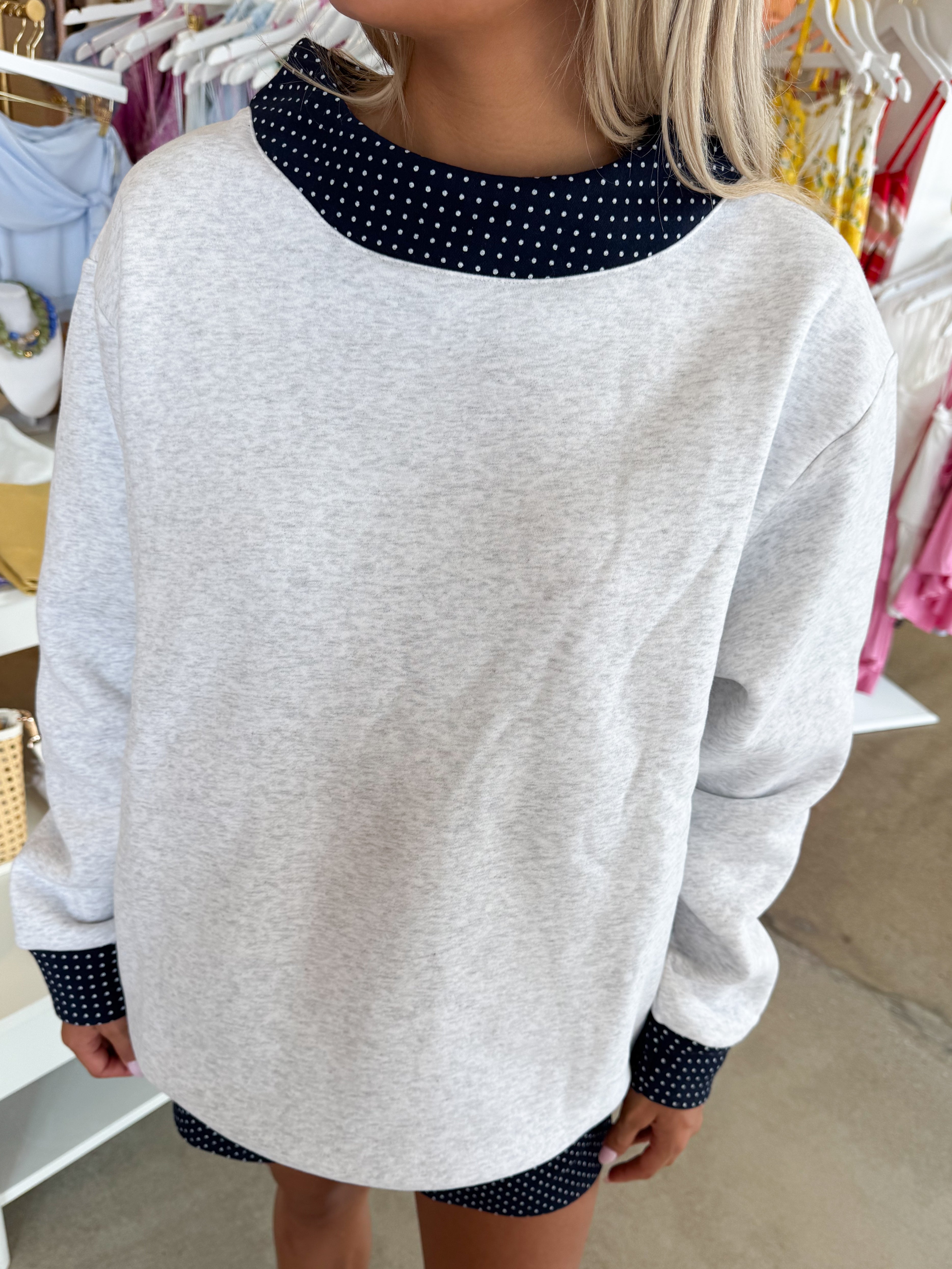 Pearl Grey Navy Blue Polka Dot Mockneck Sweatshirt