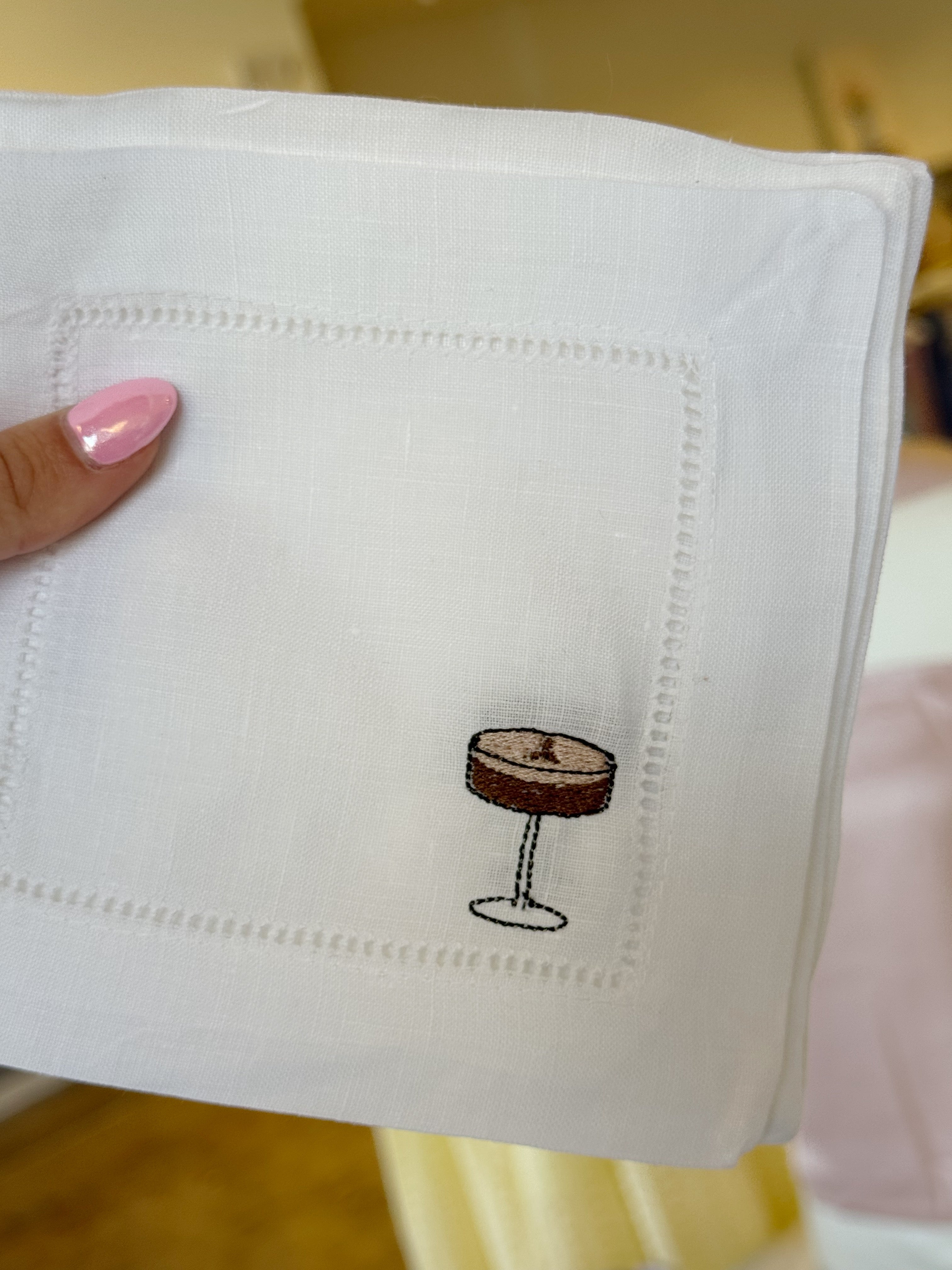 Embroidered Linen Cocktail Napkins ESPRESSO MARTINI - 4 pack