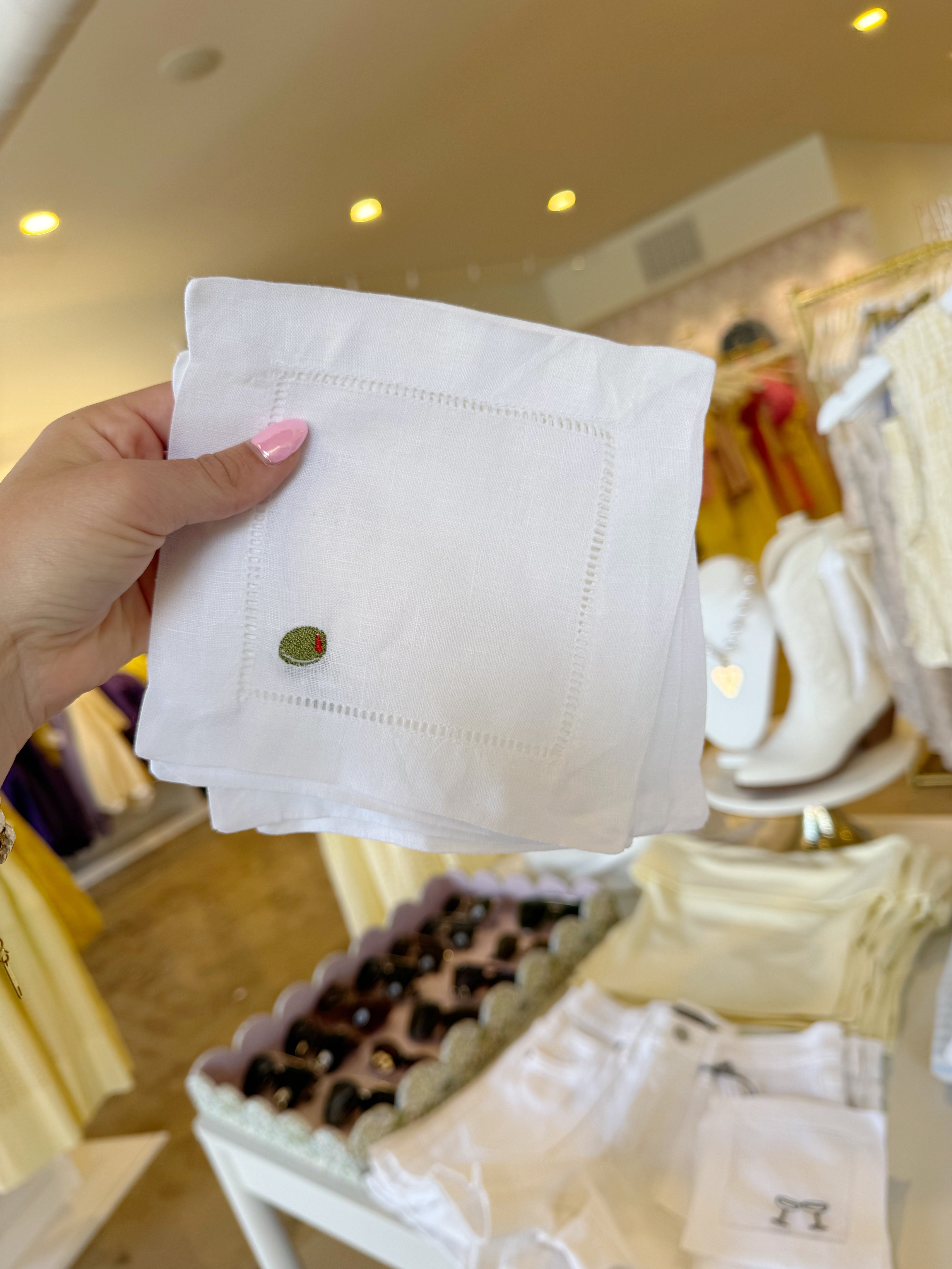 Embroidered Linen Cocktail Napkins OLIVE - 4 pack