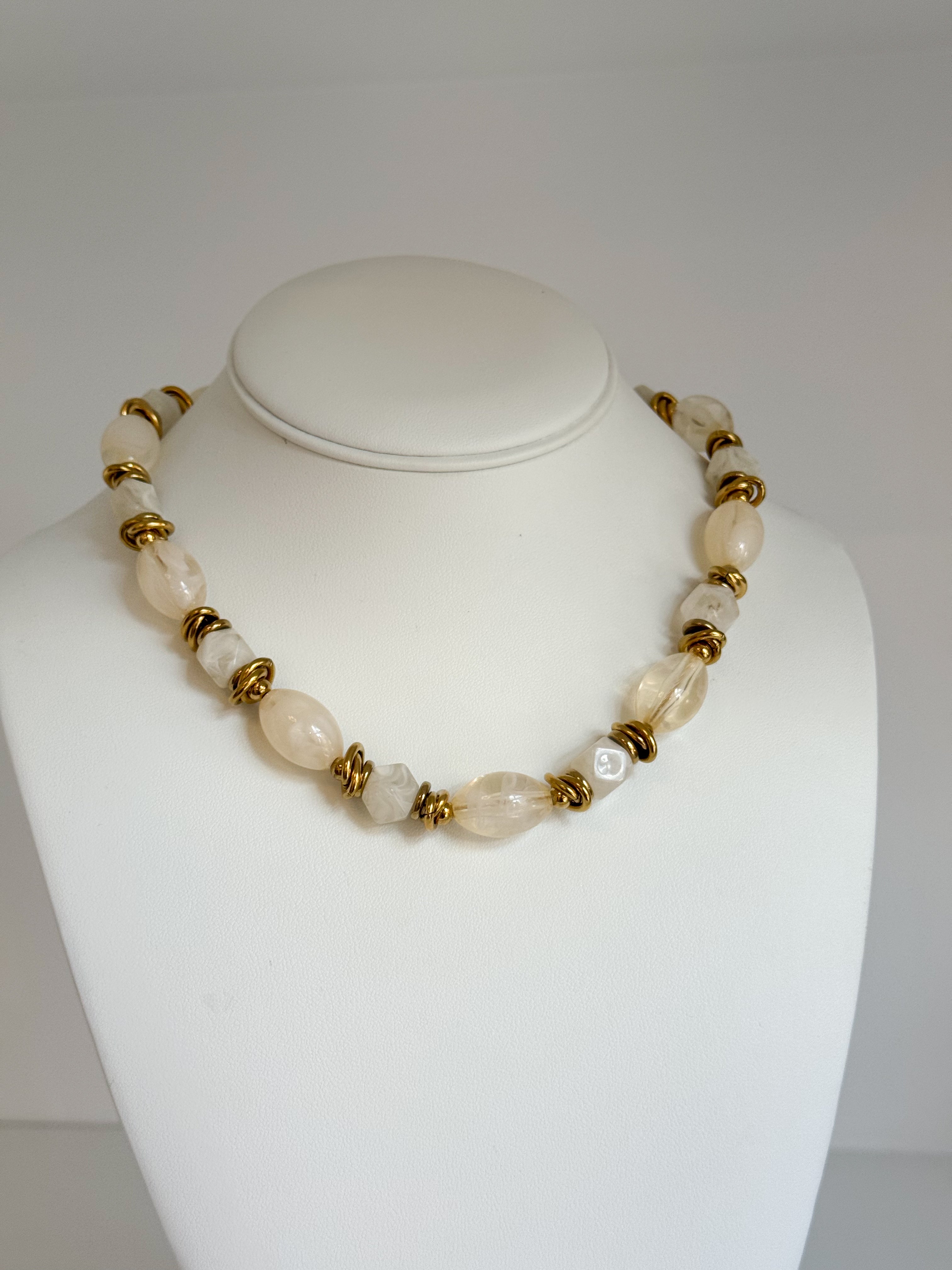 Chique Beaded Necklace - Gold & Cream - Water Resistant