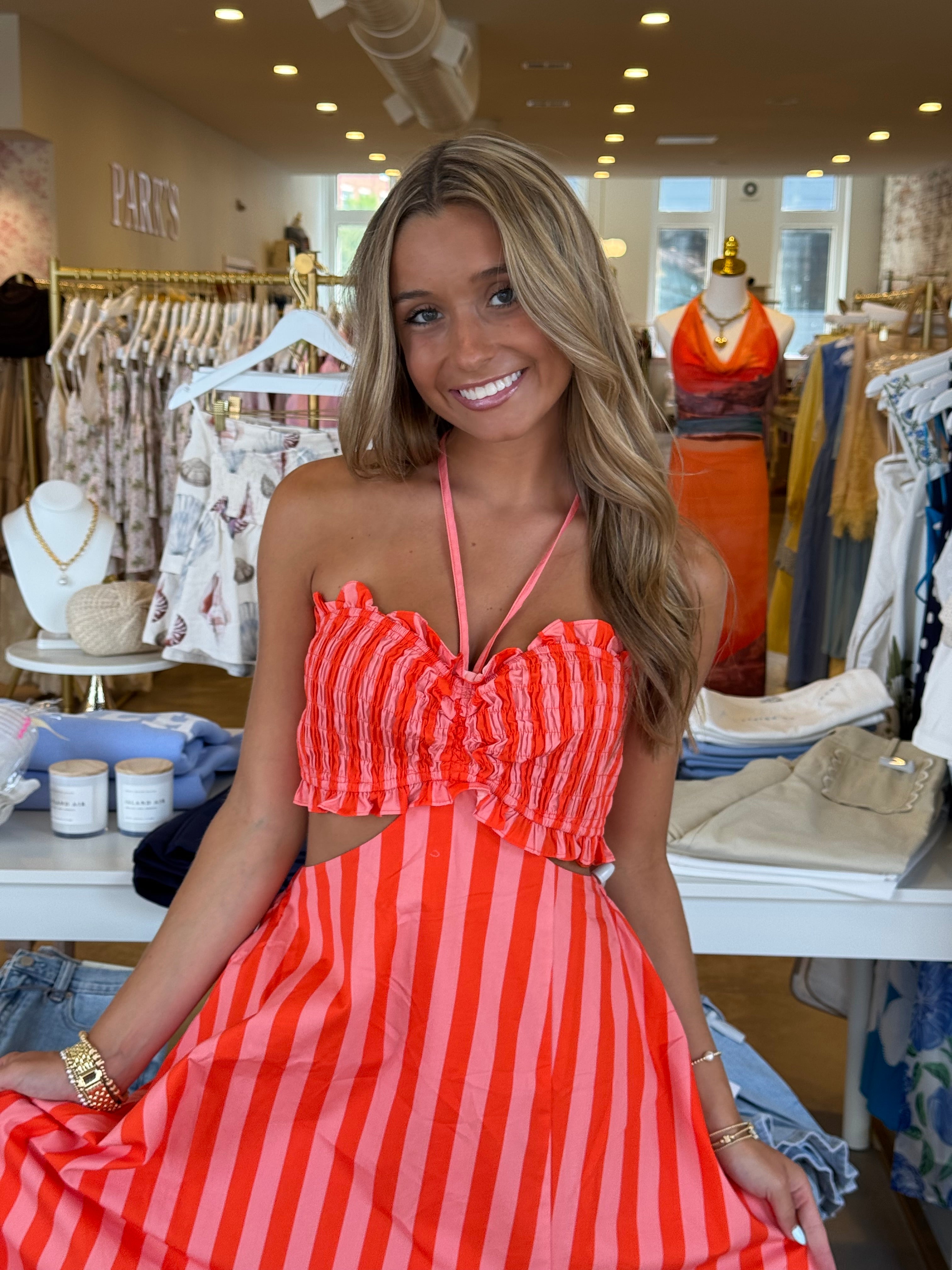 St. Tropez Midi Dress - Orange/Pink Stripe