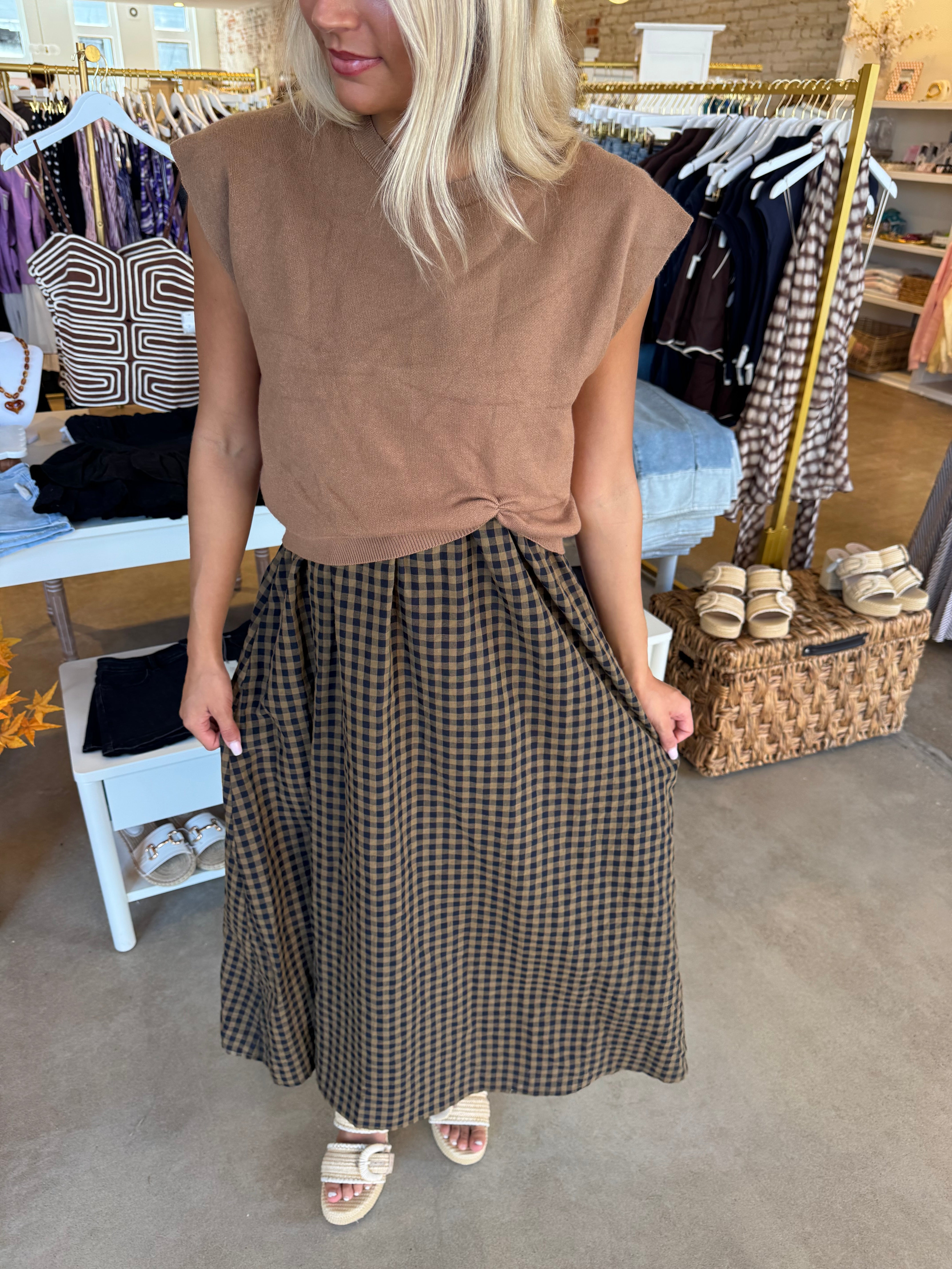 Leaves Are Turning Midi Dress - Tan Gingham