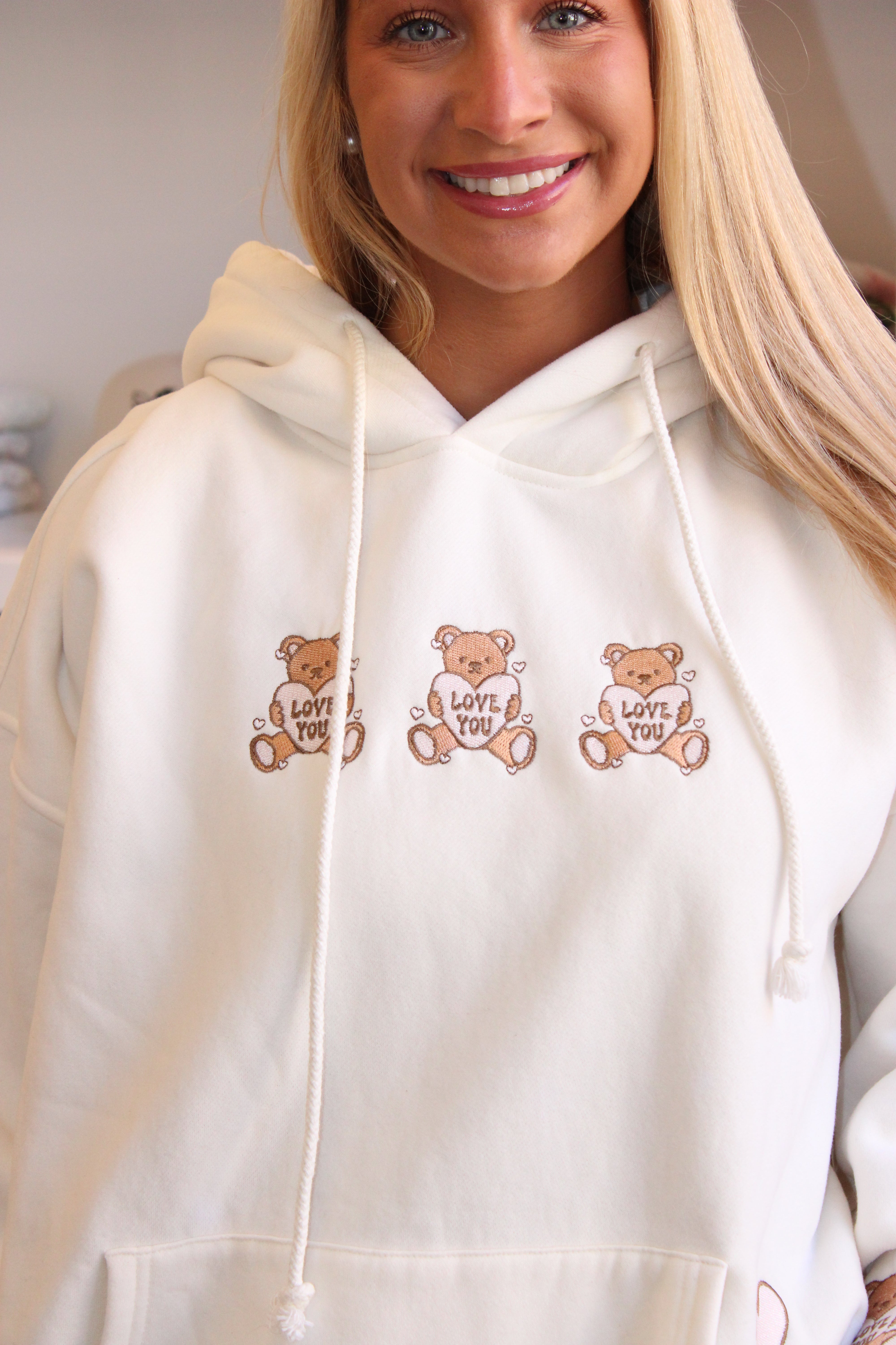 Love You Teddy Bear Embroidered Hoodie - Ivory