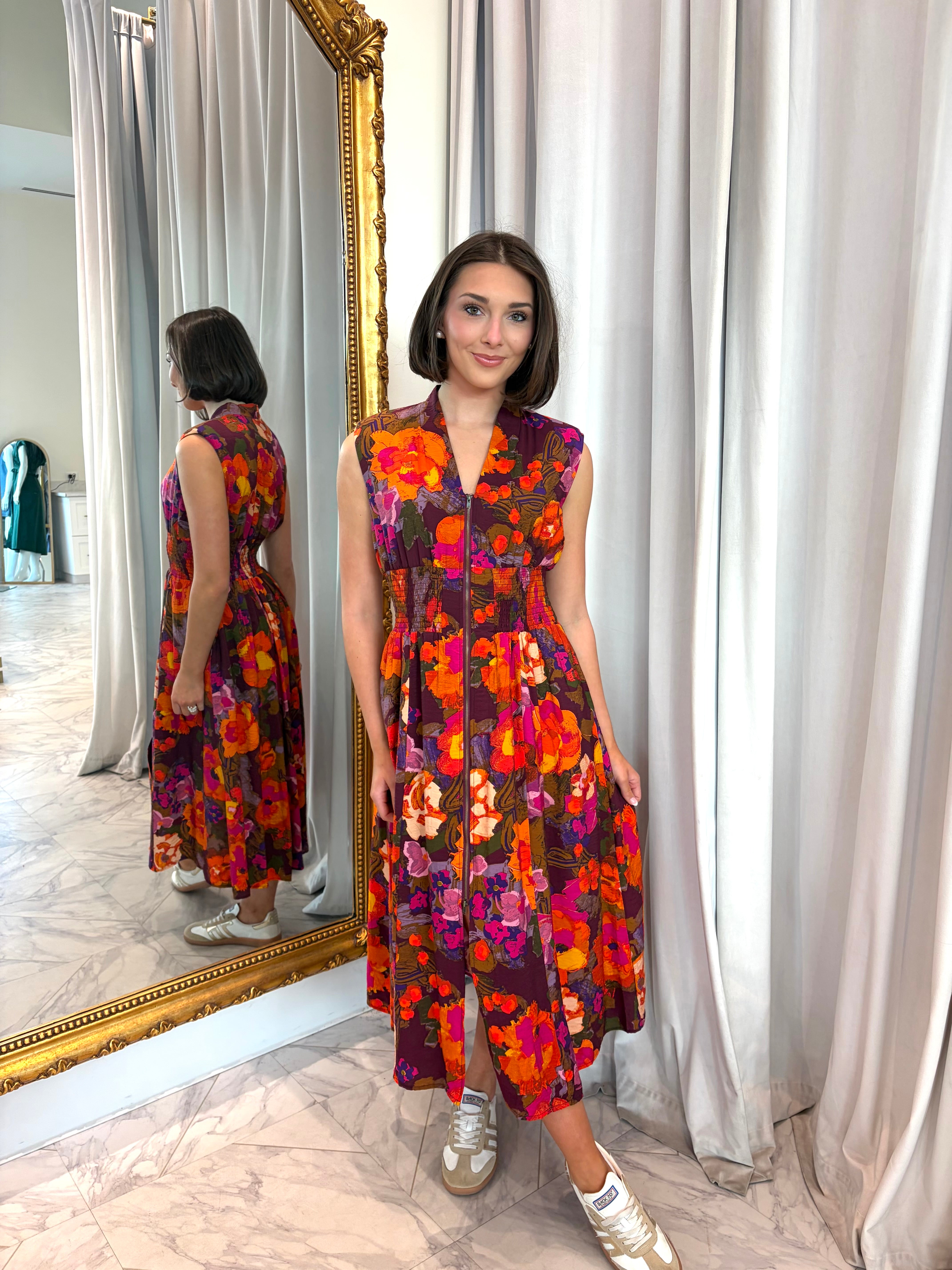 Layton Front Zip Midi Dress - Pink/Orange