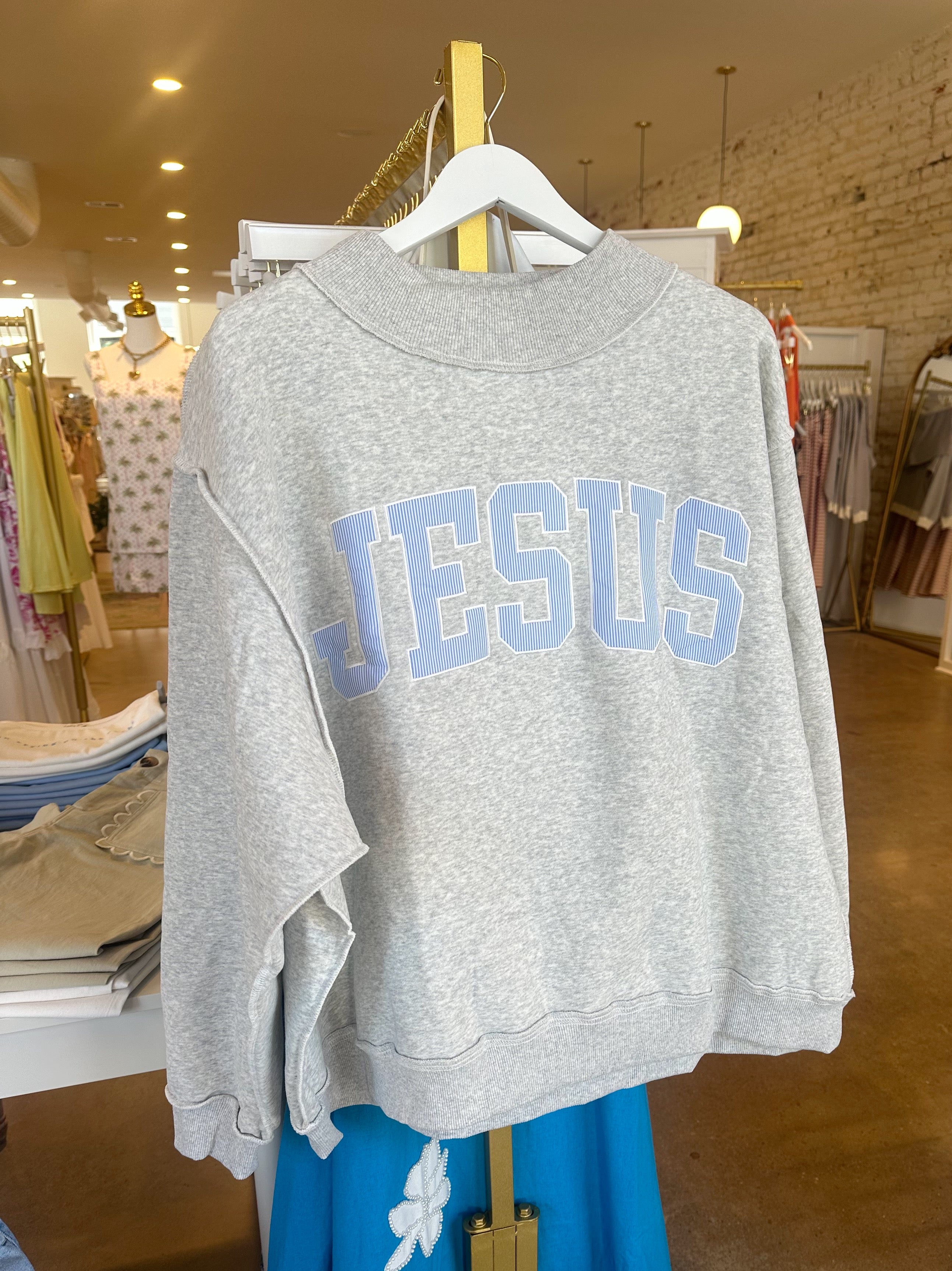 JESUS Embroidered Mockneck - Blue Stripe/Grey