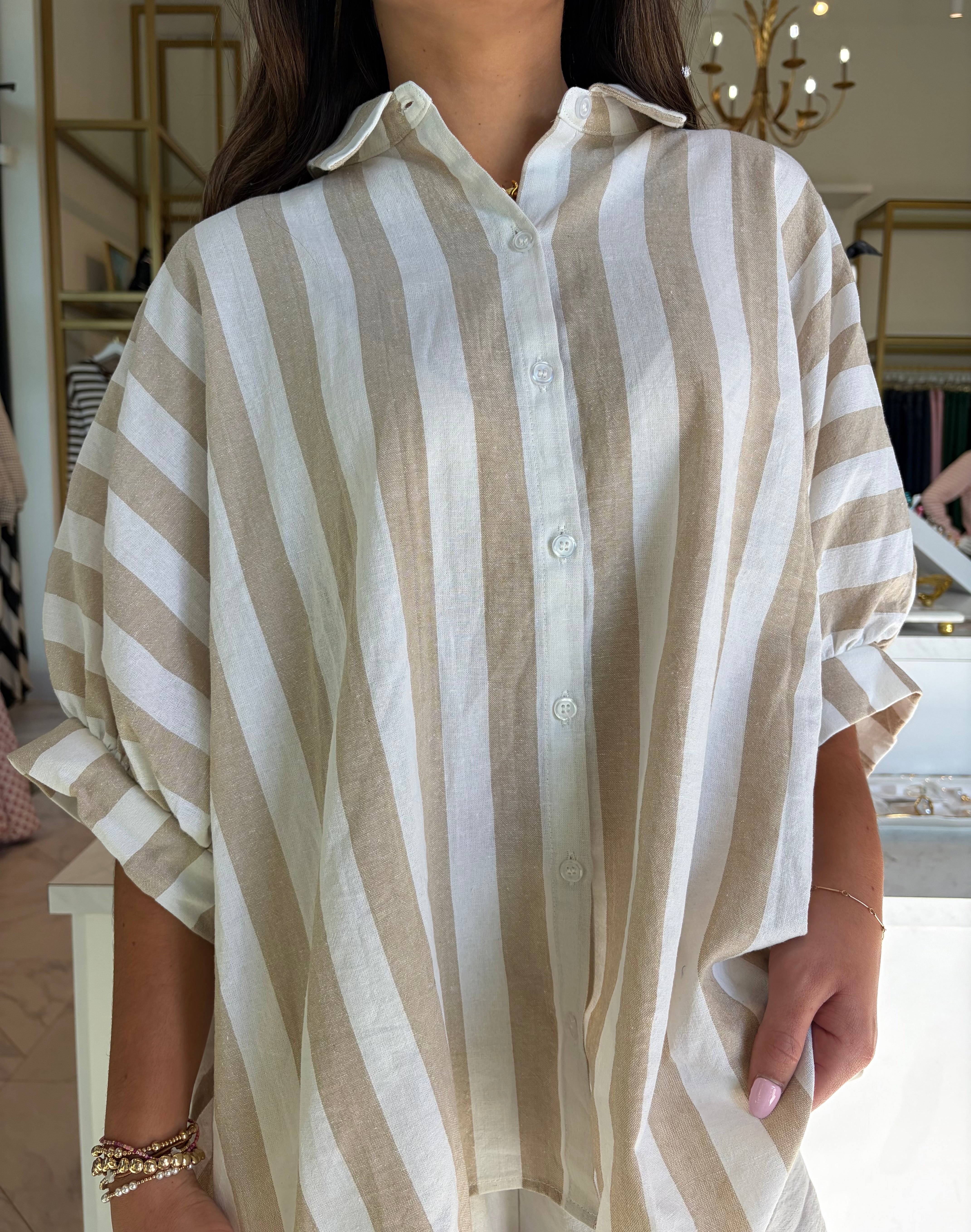 Maya Oversized Button Down Top - Tan & White