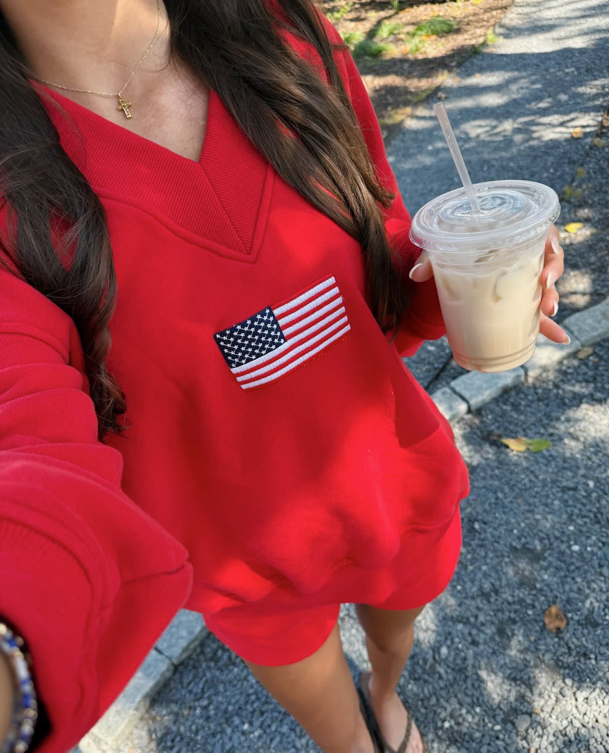 American Flag Embroidered V-Neck Sweatshirt - Red