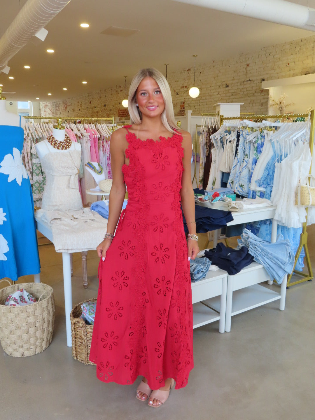 Francesca Eyelet Maxi Dress - Red