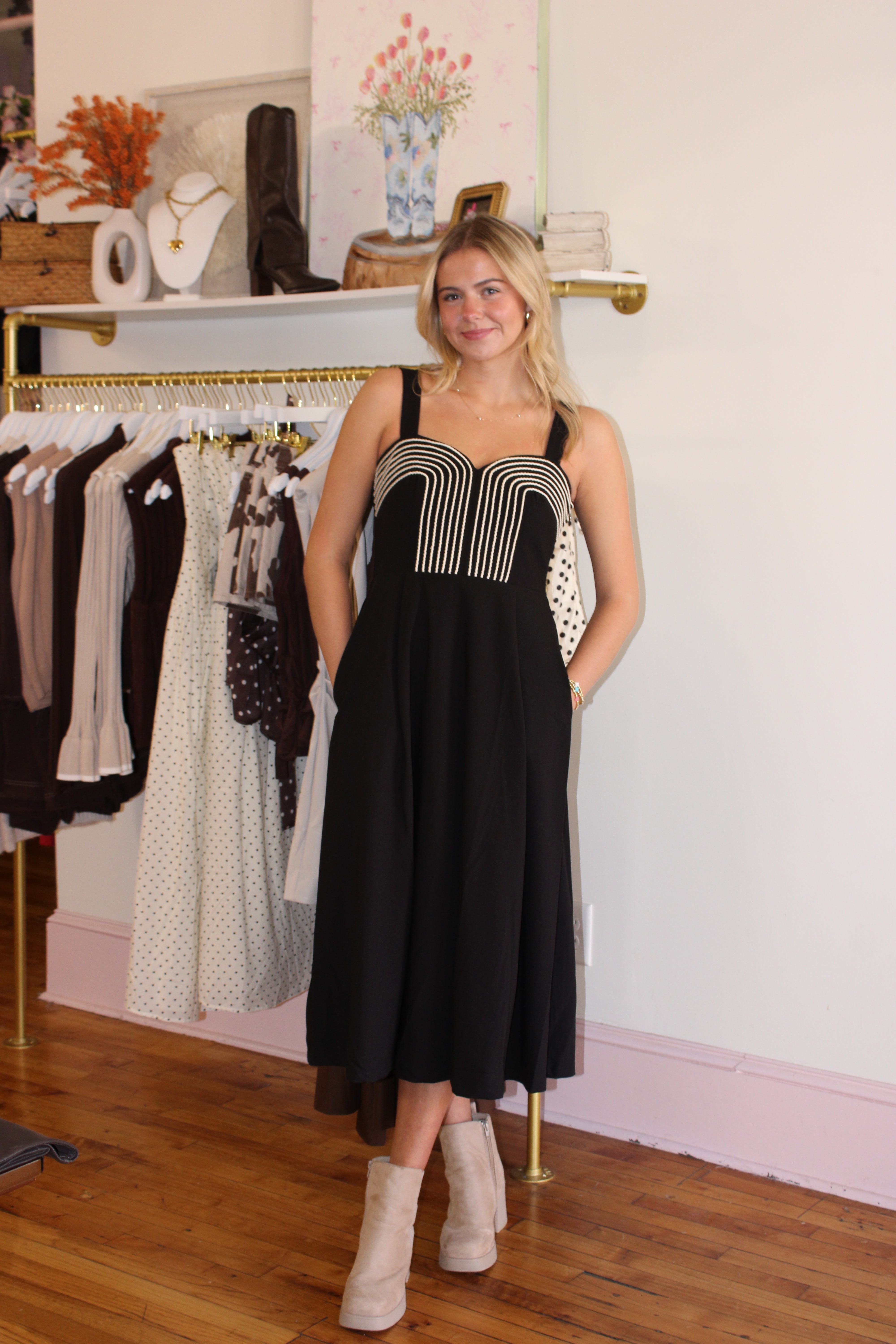 Warren Embroidered Linen Midi Dress - Black