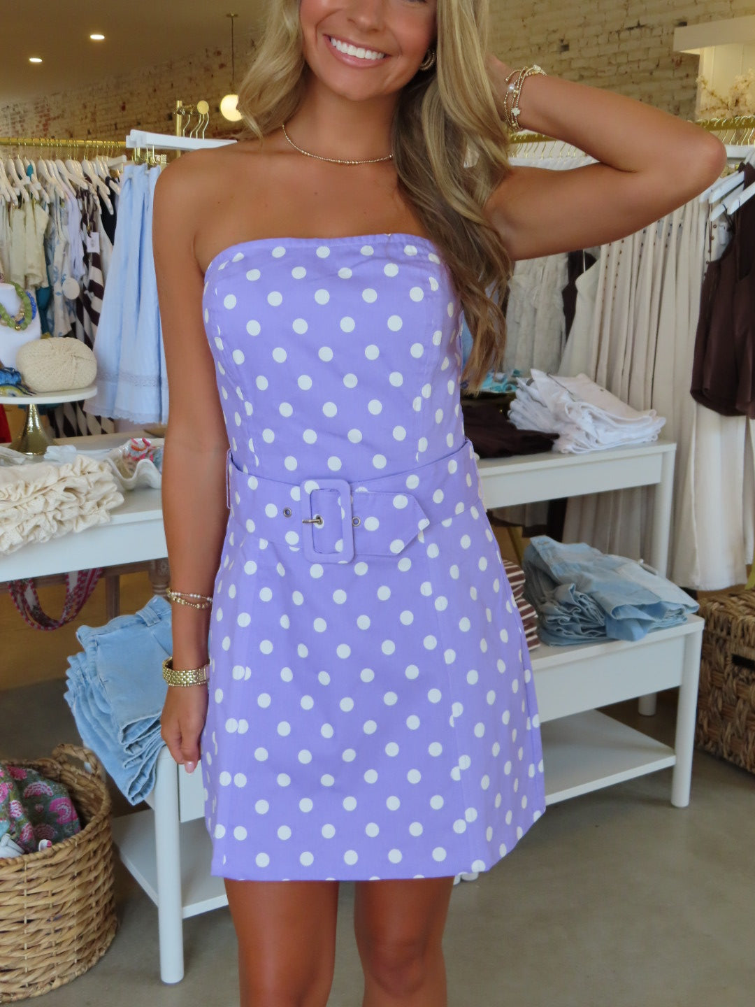 Clara Belted Mini Dress - Lavender Polka Dot