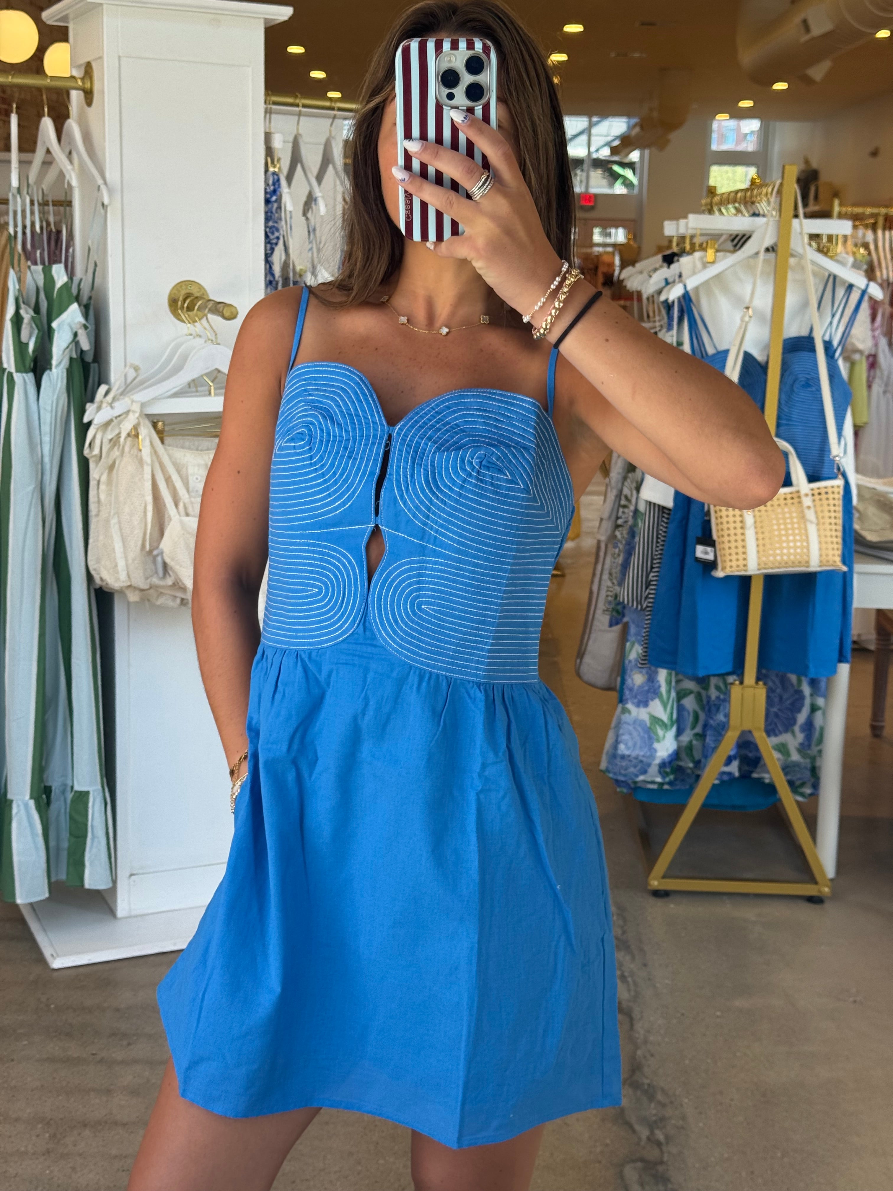 Azul Embroidered Mini Dress - Blue