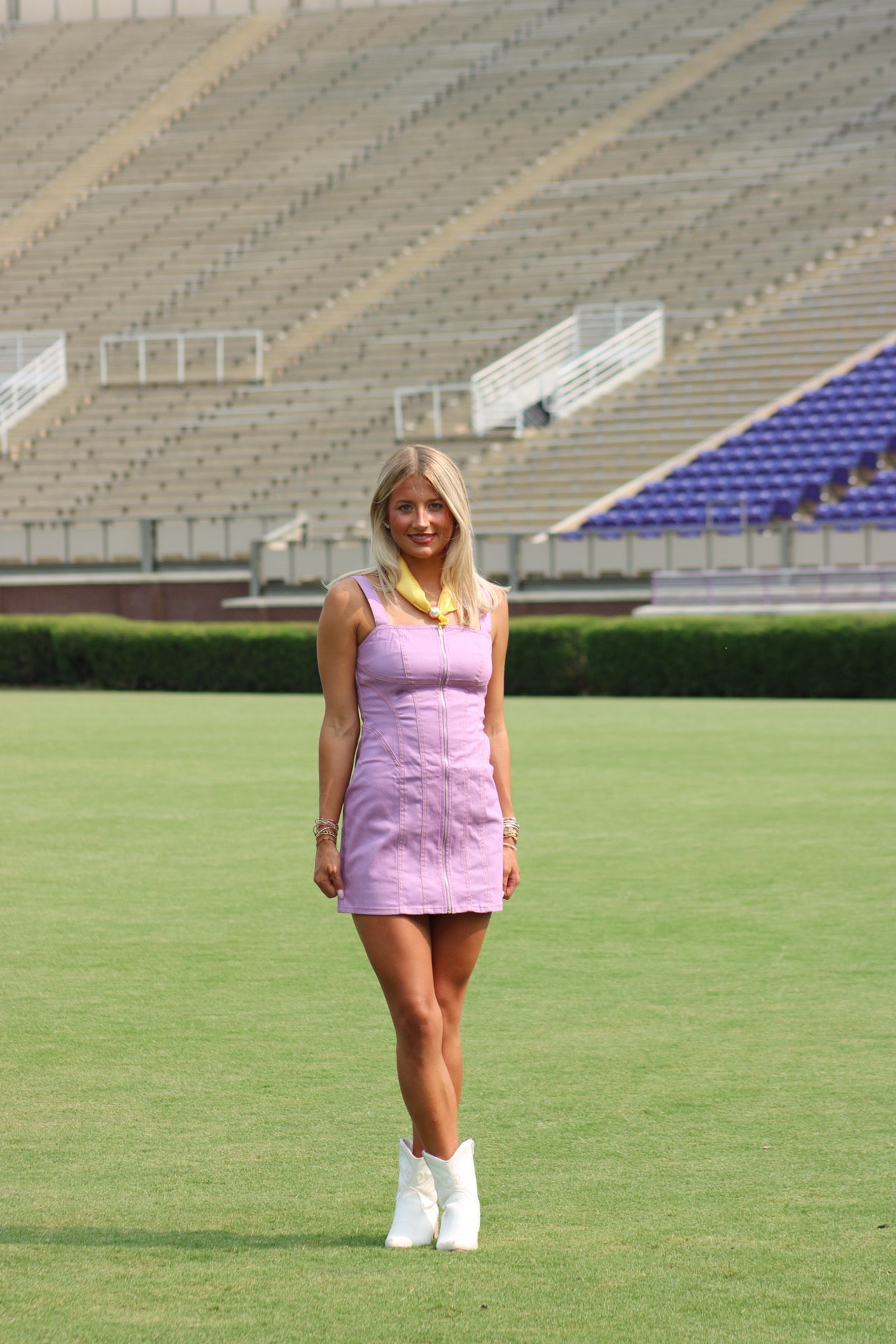 Hometown Honey Denim Stitch Mini Dress - Lavender