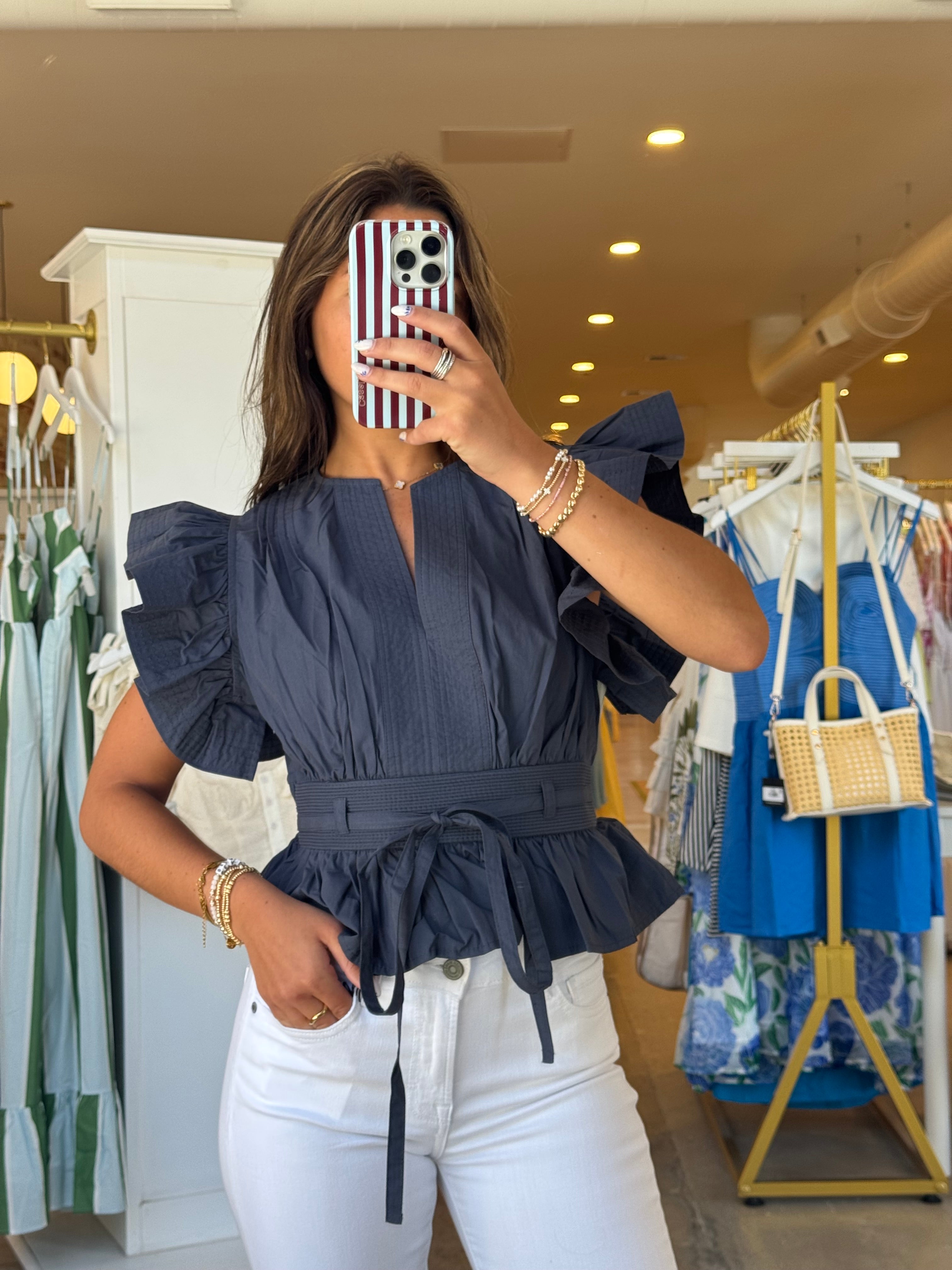 Tate Ruffle Poplin Top - Navy