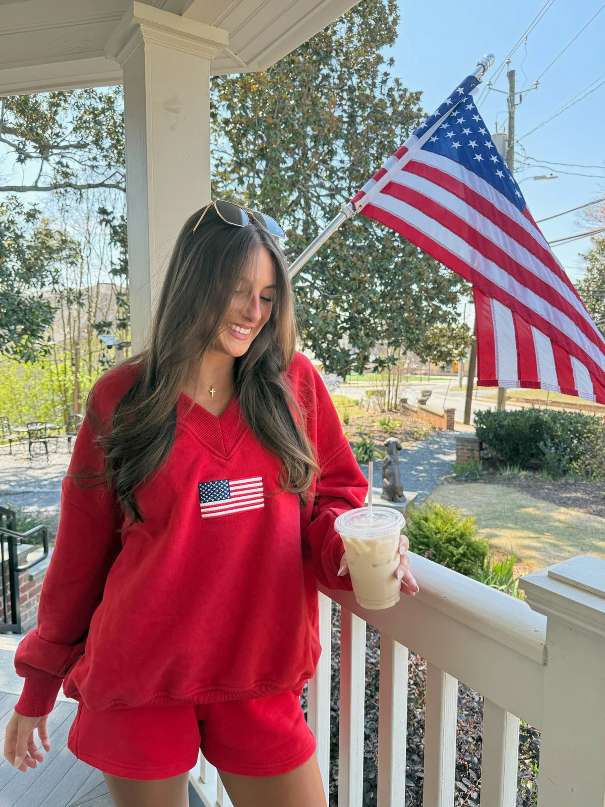 American Flag Embroidered V-Neck Sweatshirt - Red