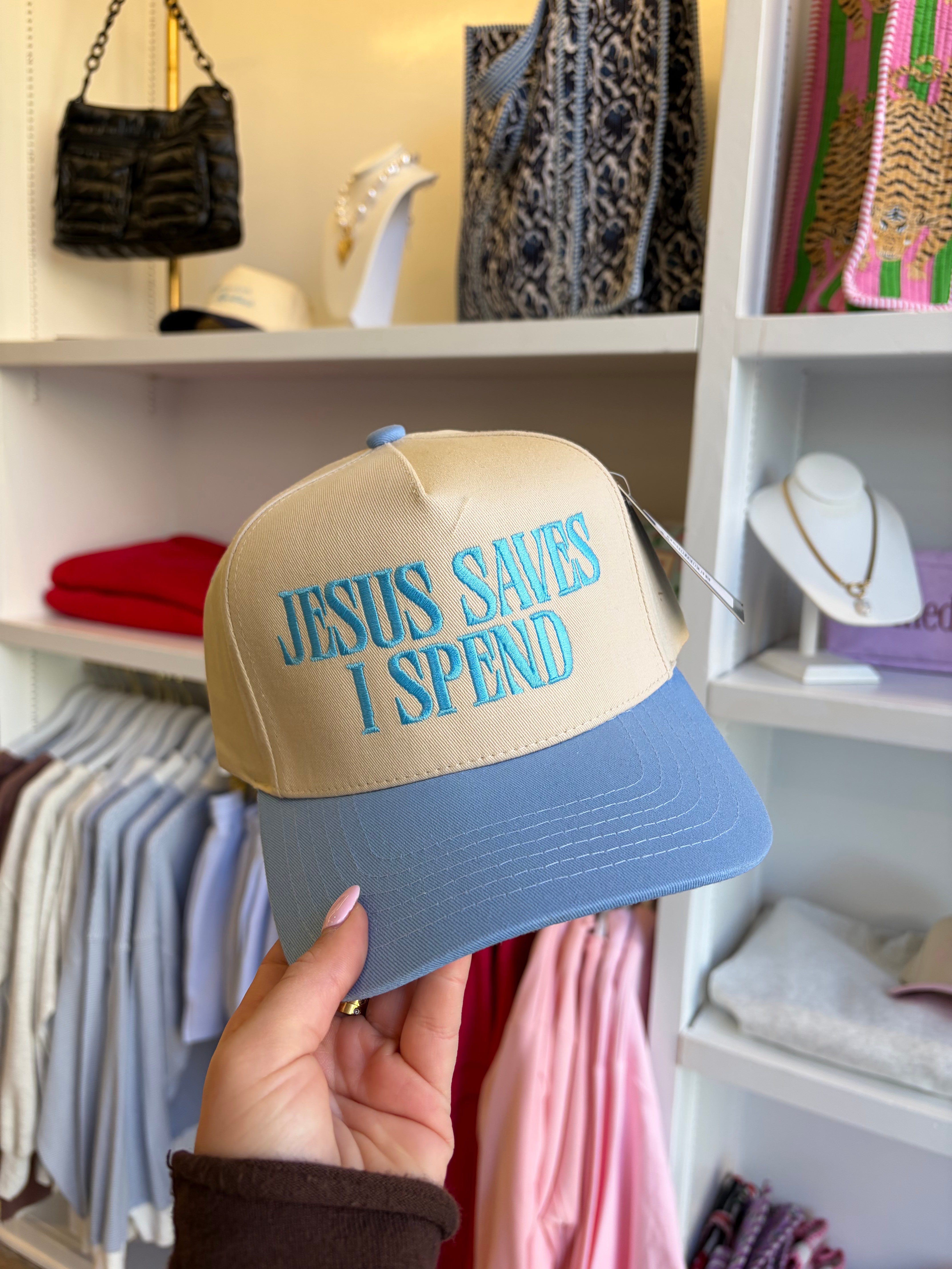 Jesus Saves I Spend Embroidered Hat - Sky Blue