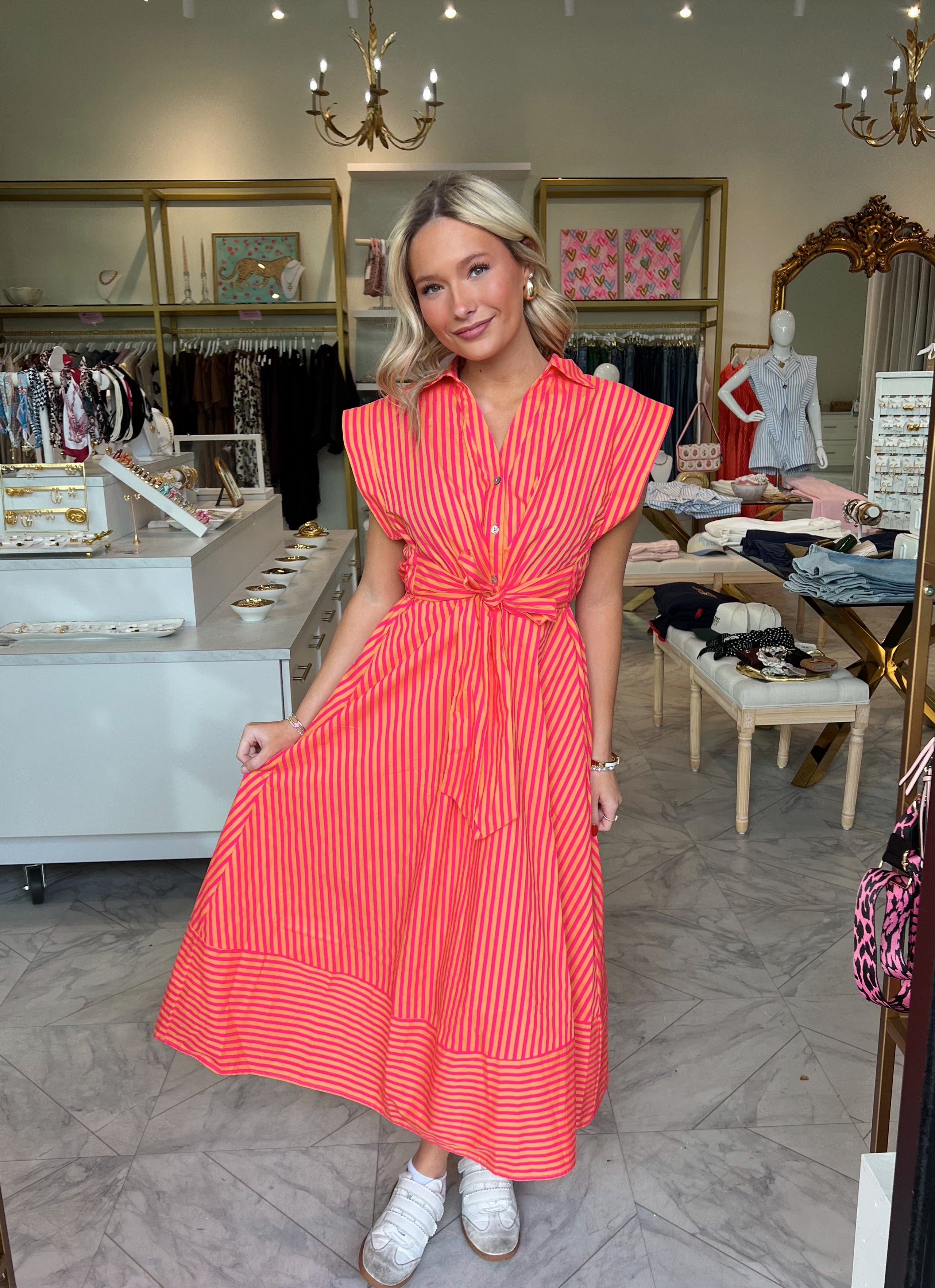 Sunrise Stroll Midi Dress - Pink & Orange