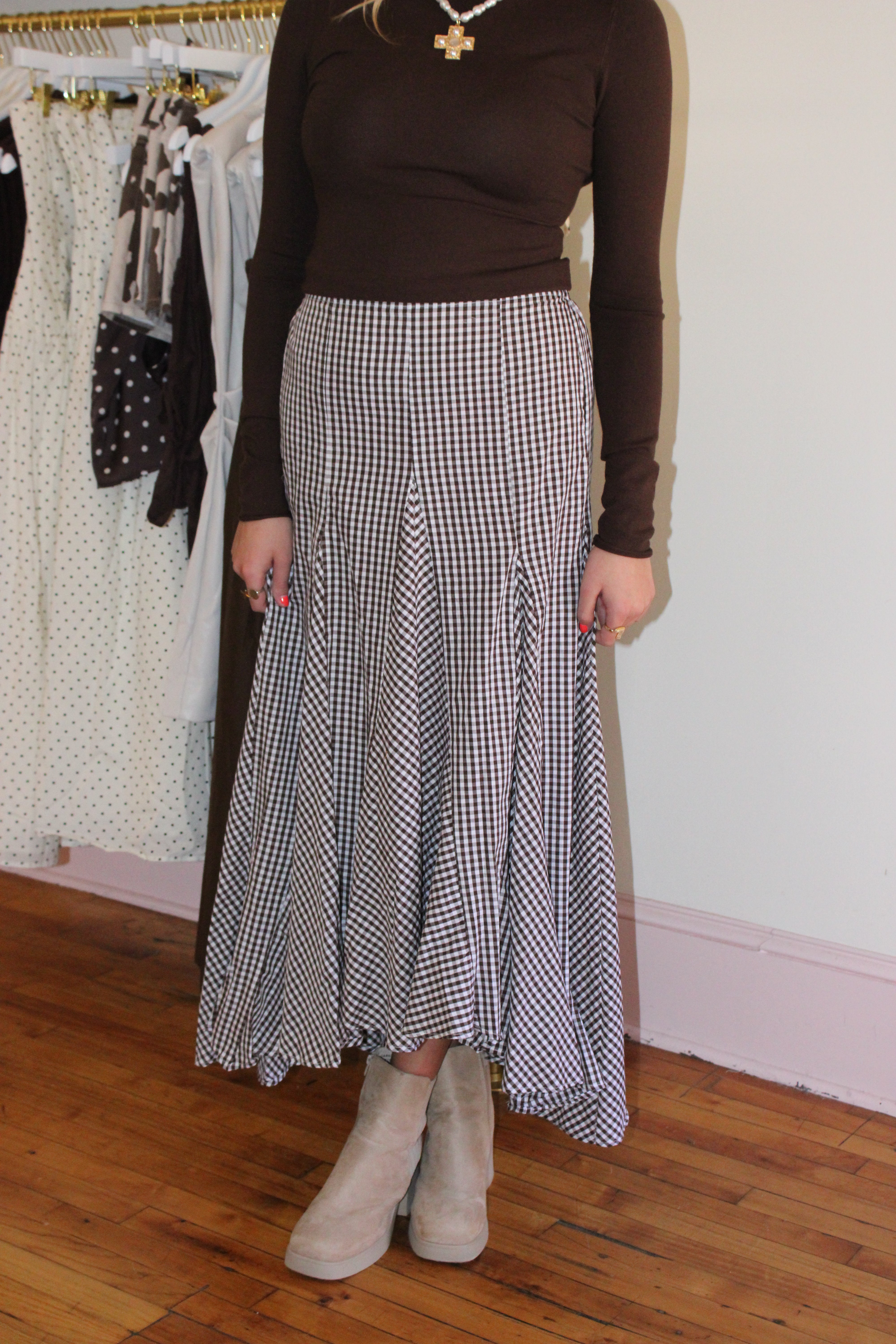 Fall Picnic Midi Skirt - Brown Gingham