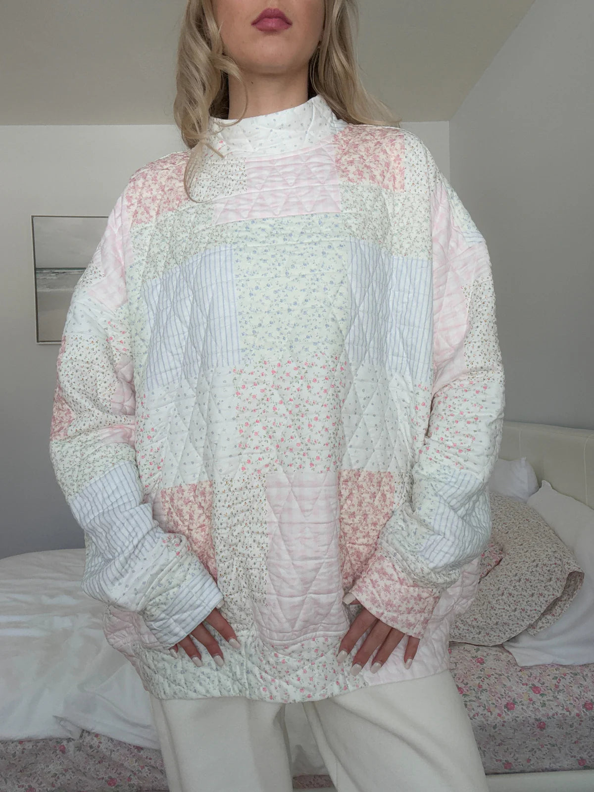 Quilted Pastel Mockneck Sweatshirt - Pink Multi