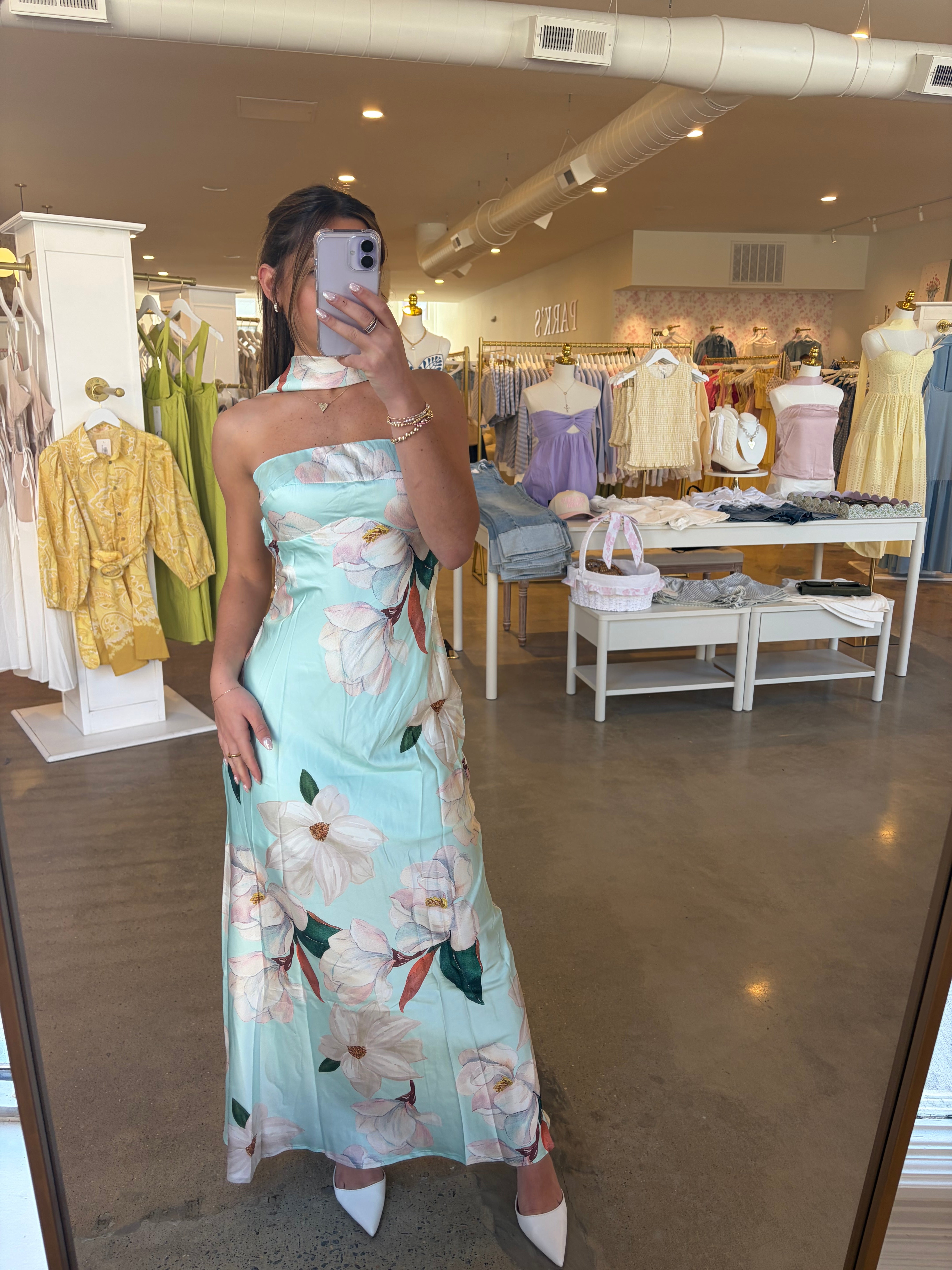 Garden Of Eden Satin Long Dress - Blue Floral