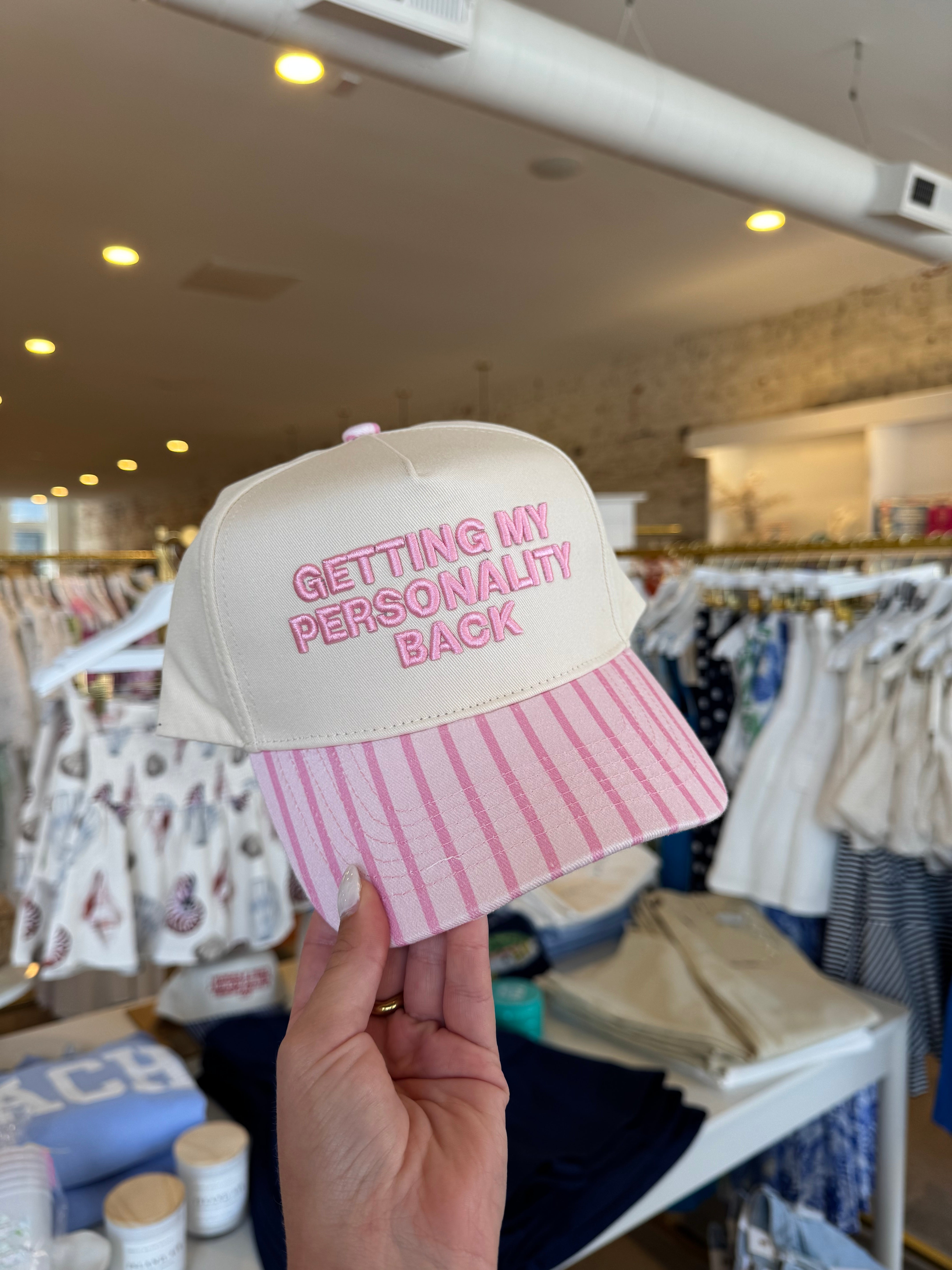 Getting My Personality Back Embroidered Trucker Hat - Pink Stripe