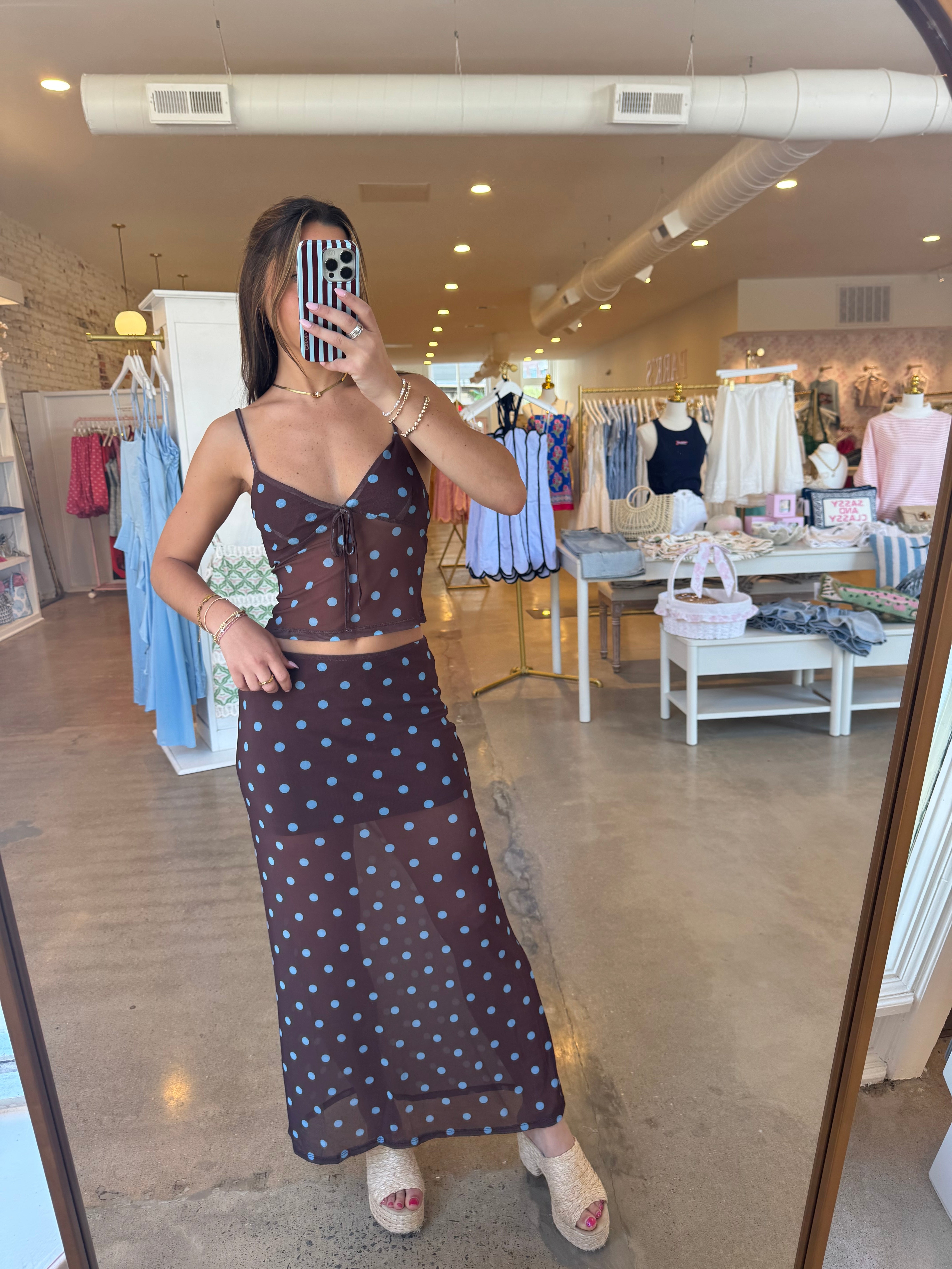 About Last Night Top & Midi Skirt Set - Brown & Blue Polka Dot