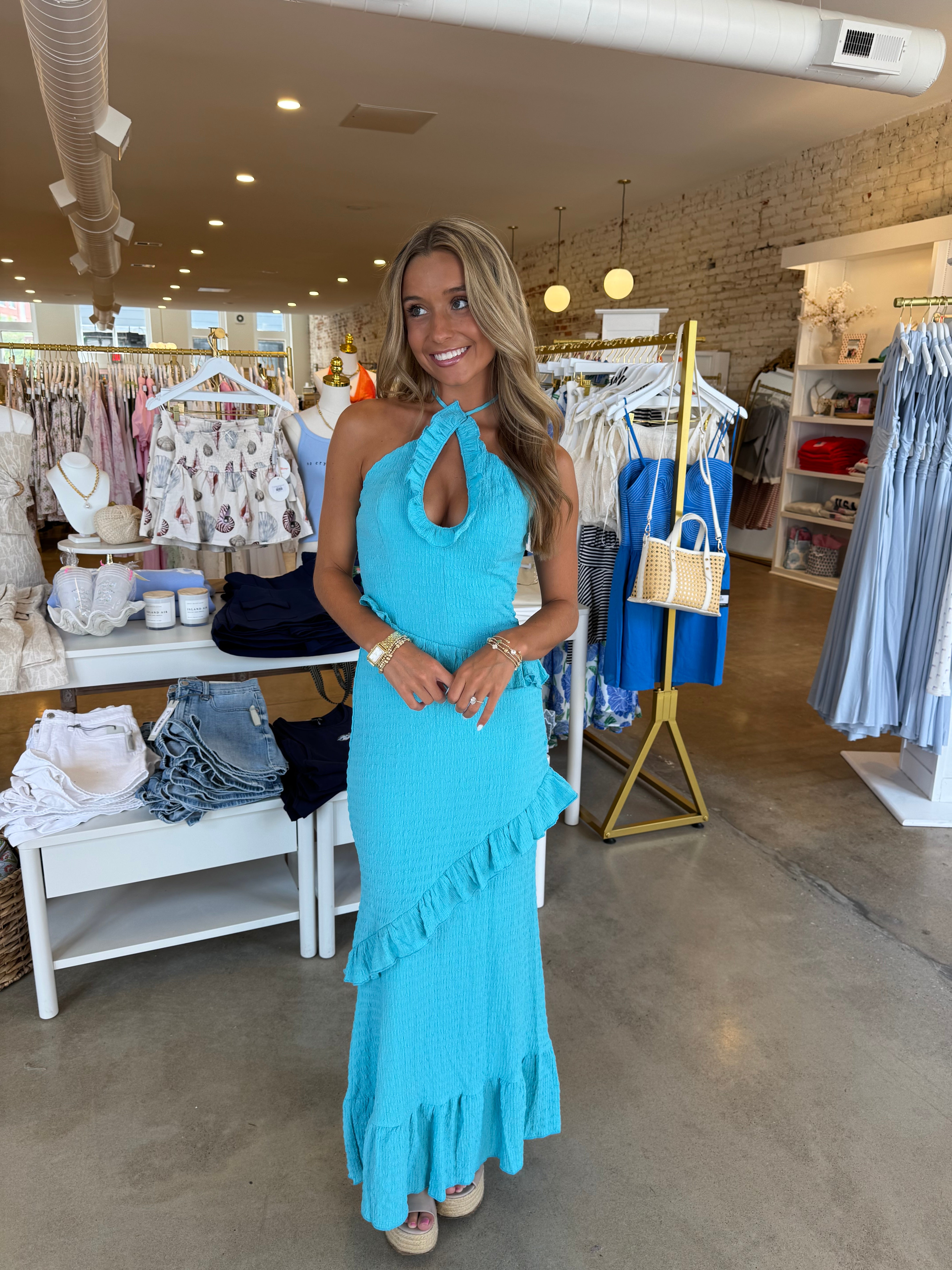 Barcelona Halter Neck Maxi Dress - Aqua