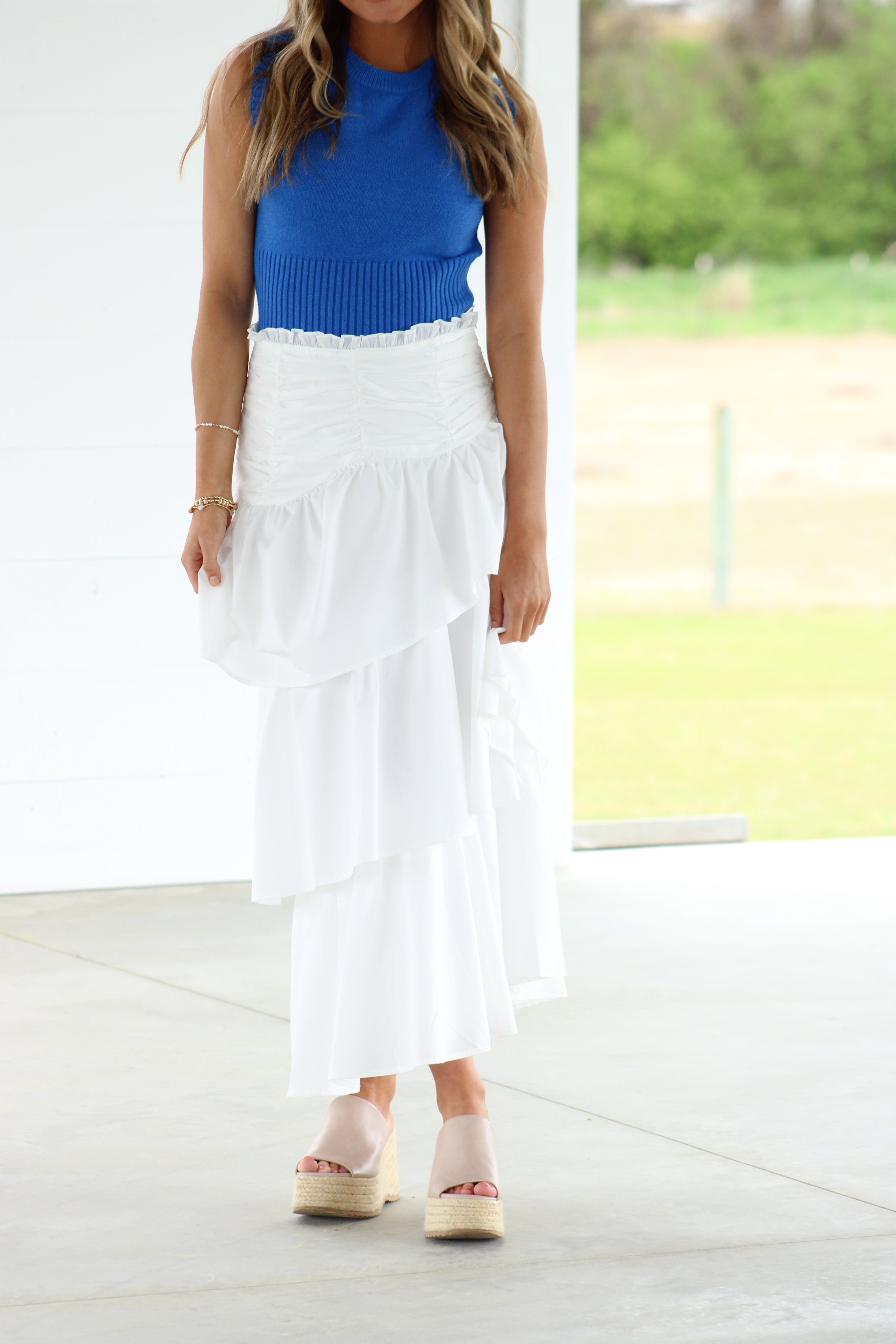Nicola Ruffle Tiered Midi Skirt - White