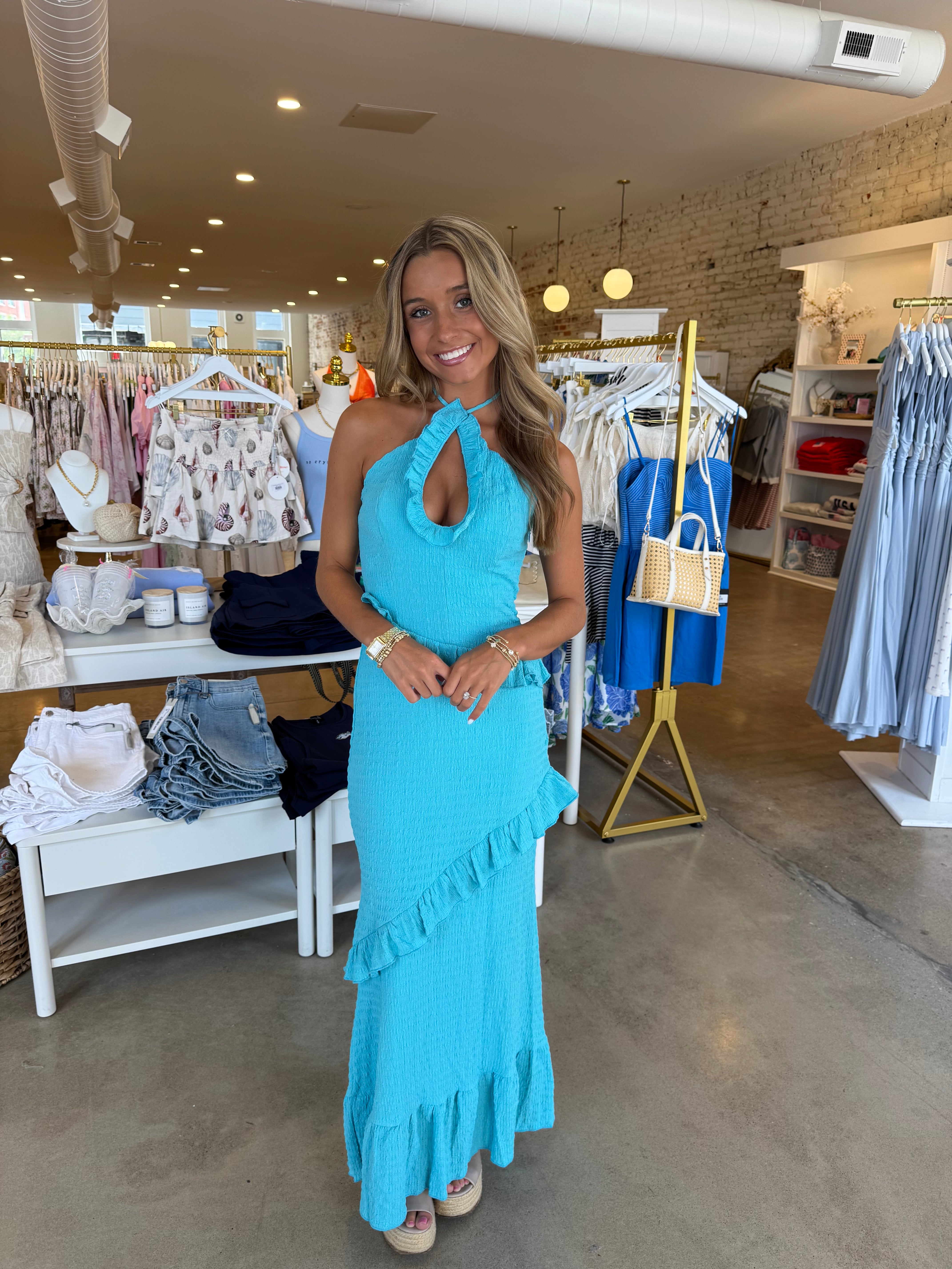 Barcelona Halter Neck Maxi Dress - Aqua