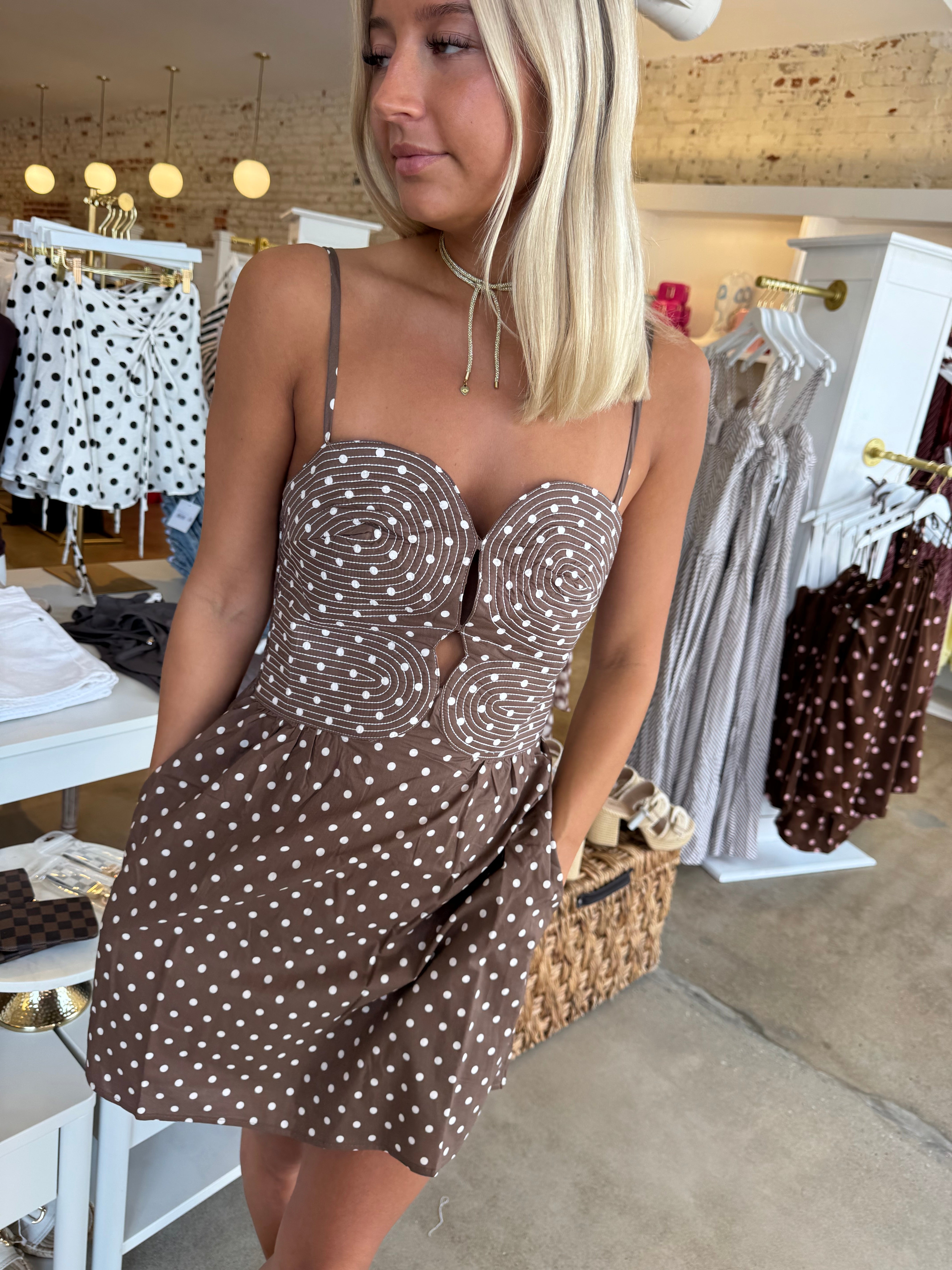 Kayda Embroidered Mini Dress - Brown Polka Dot