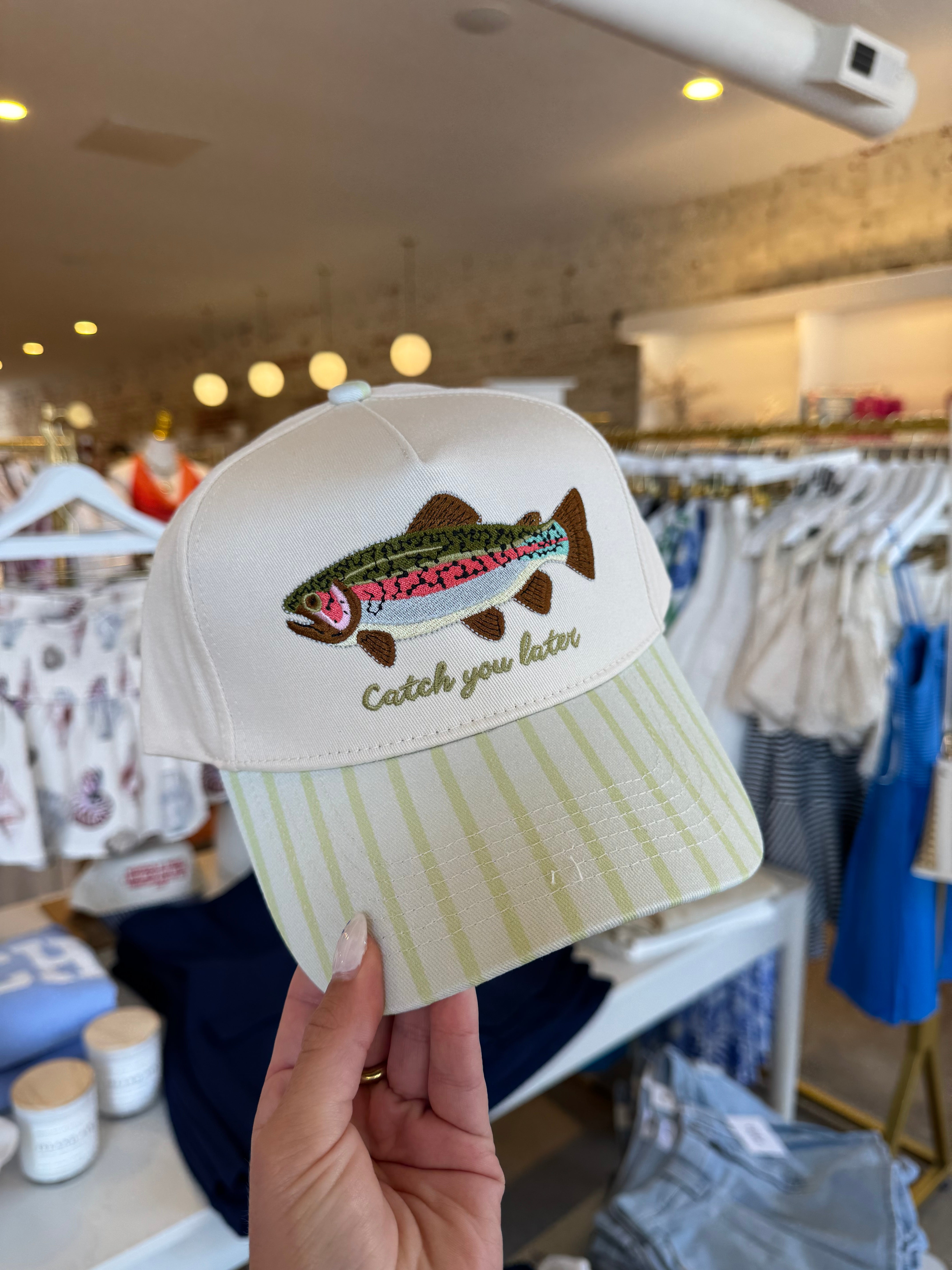Catch You Later Embroidered Trucker Hat - Green Stripe