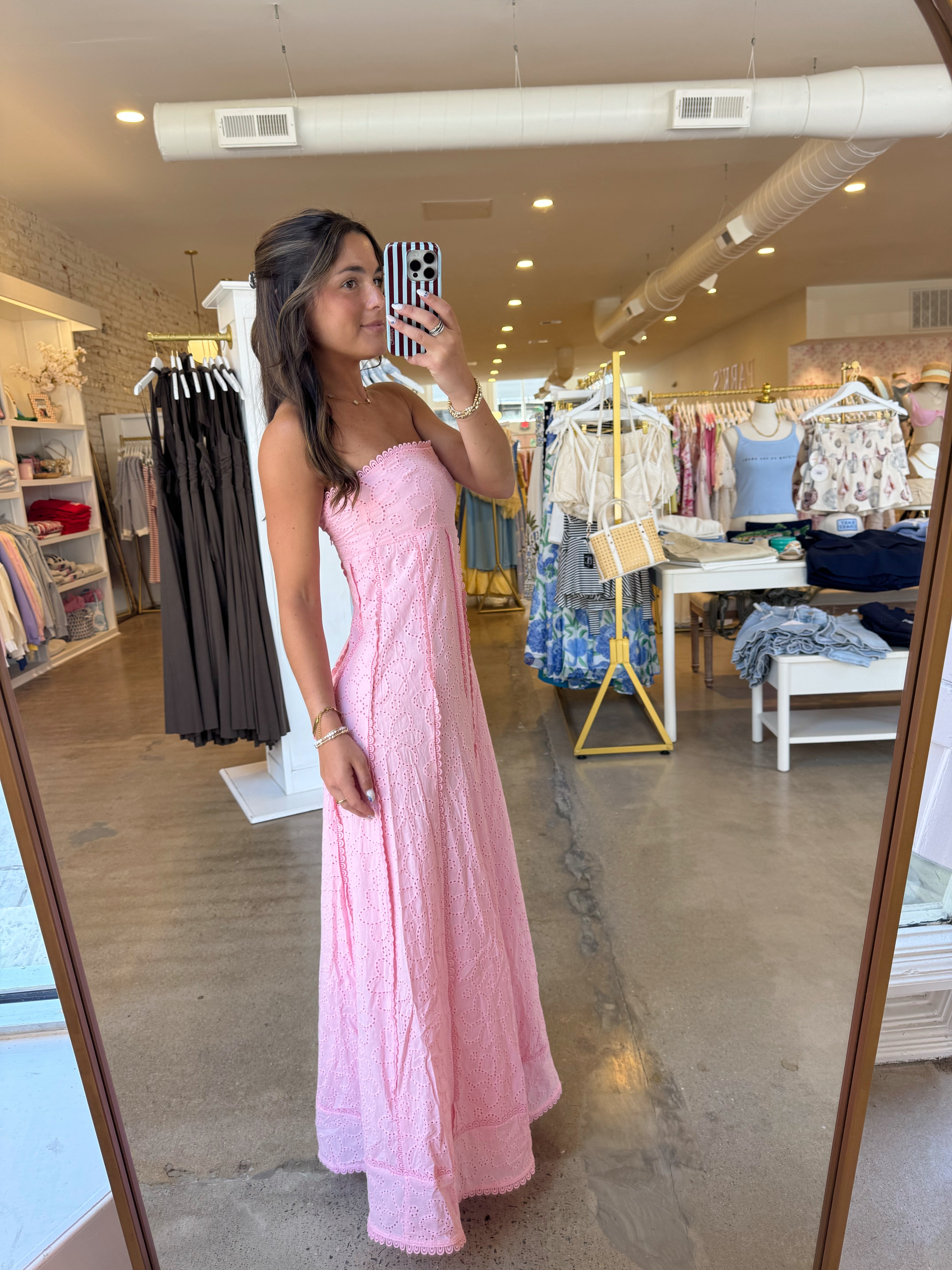 Melanie Eyelet Scalloped Trim Maxi Dress - Pink