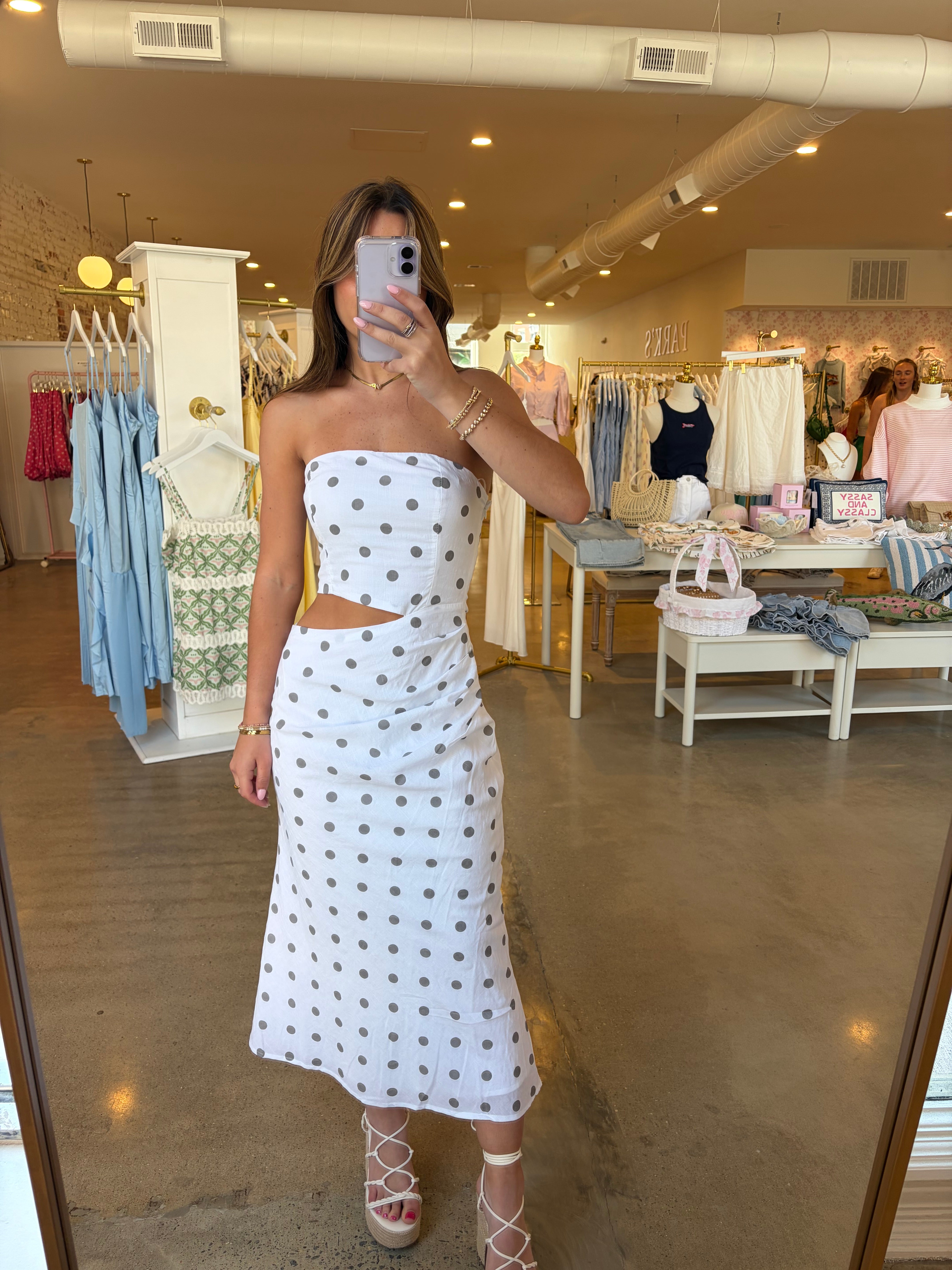 Marybeth Midi Cutout Dress - White Polka Dot